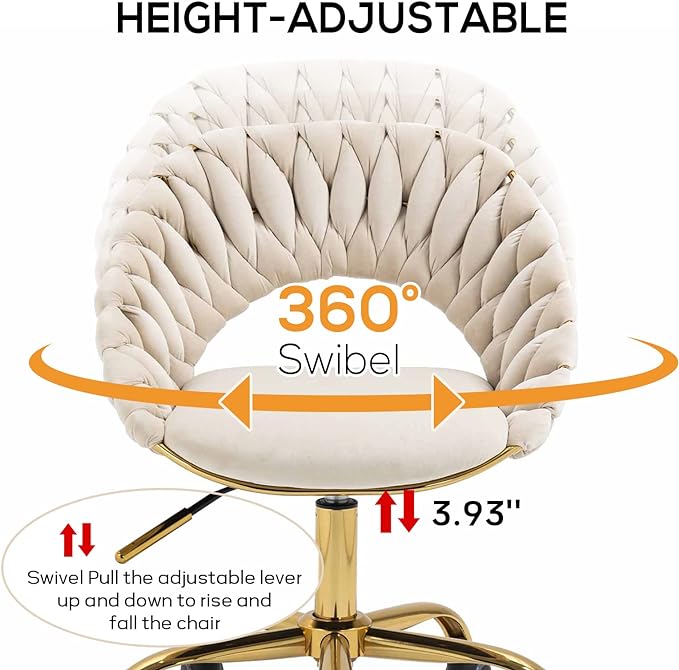 Swivel Velvet Home Office Chair, Upholstered Desk Chair, Modern Accent Armchair, Tufted Computer Task Stools with Gold Base for Girls, Women, Study, Living Room (Ivory)