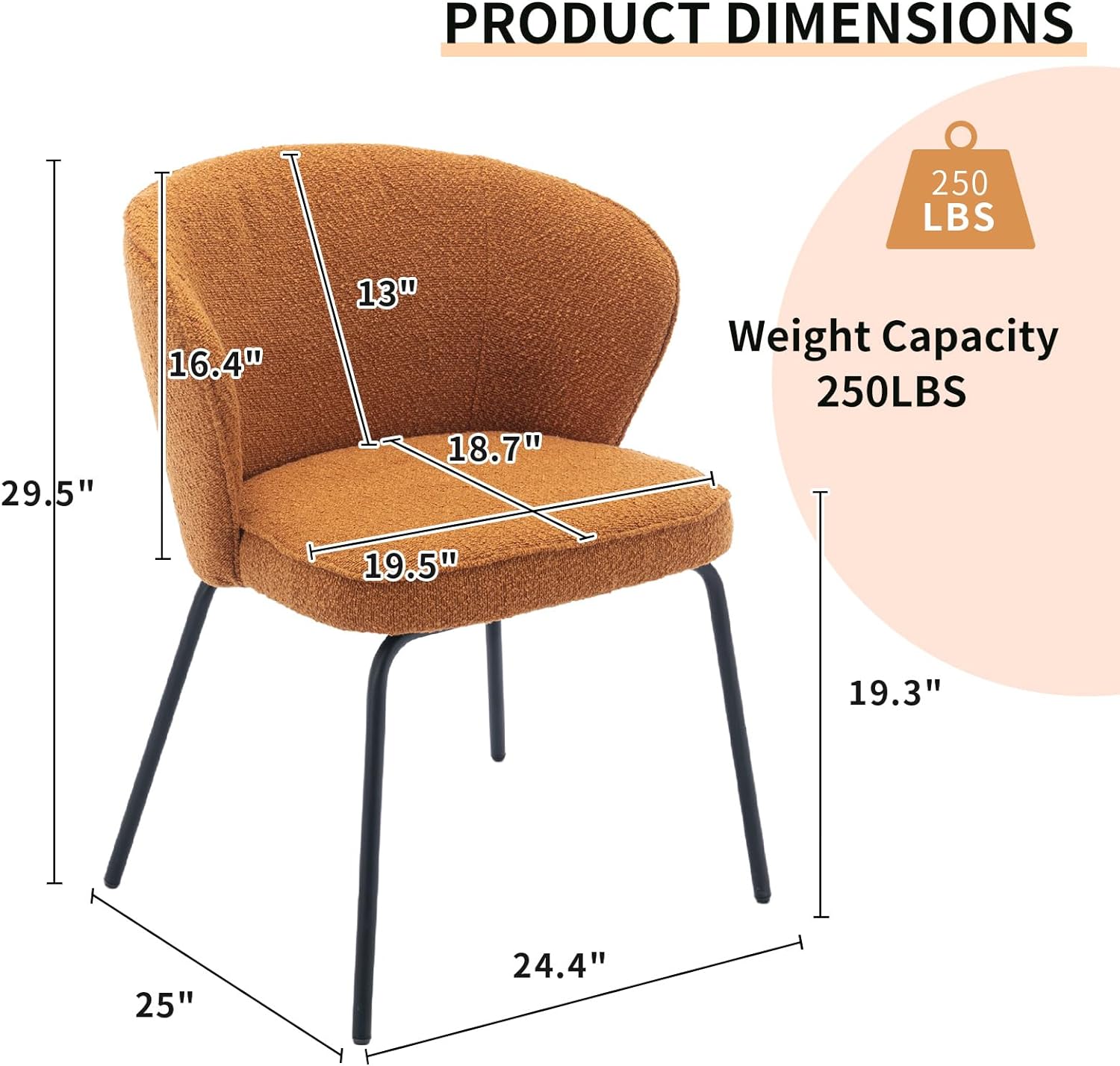 Modern Dining Chair, Boucle Upholstered Side Chair with Curved Backrest, Accent Chair with Metal Legs, Comfy Leisure Chair, Vanity Chair for Dining Room (Caramel, 1 Chair)