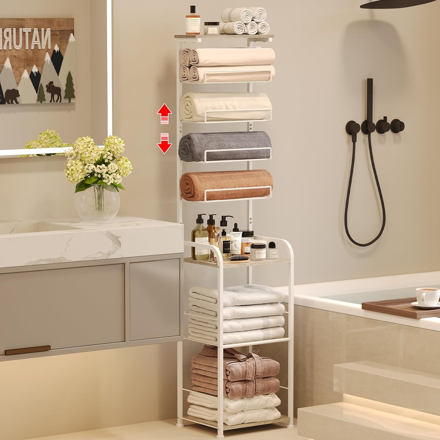 8-Tier Free Standing Towel Rack for Bathroom, Adjustable Height Towel Holder for Different Towel Sizes