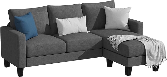 Convertible Sectional 3 L-Shaped Couch Soft Seat with Modern Linen Fabric, Space-Saving Sofas for Living Room, Apartment and Office, 70'', Dark Gray