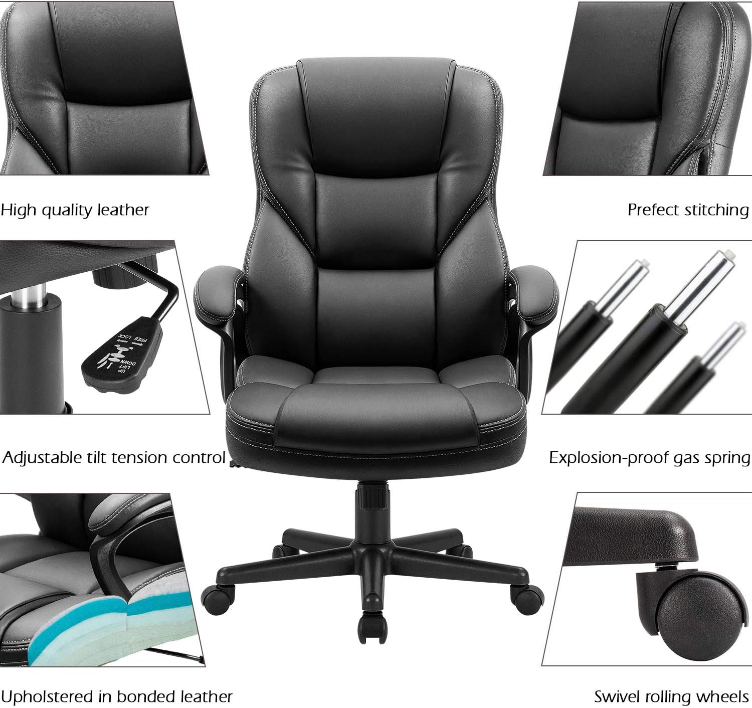 Office Executive Chair High Back Adjustable Managerial Home Desk Chair, Swivel Computer PU Leather Chair with Lumbar Support