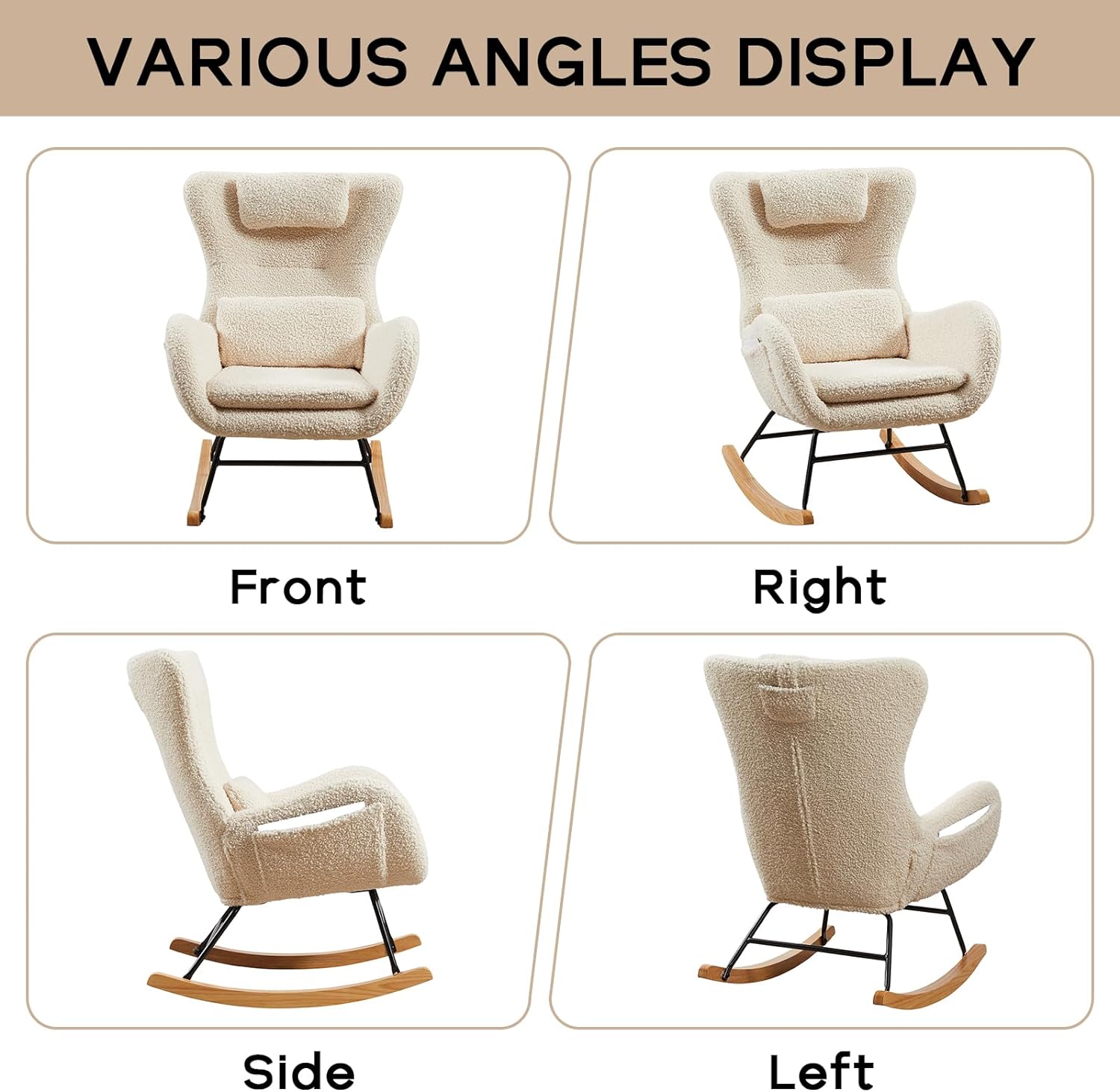 Nursery Rocking Chair, Teddy Upholstered Glider Rocker with Headrest and Lumbar Pillow, High Backrest Rocking Accent Chair with Side Pocket, Comfy Armchair for Living Room (Beige)