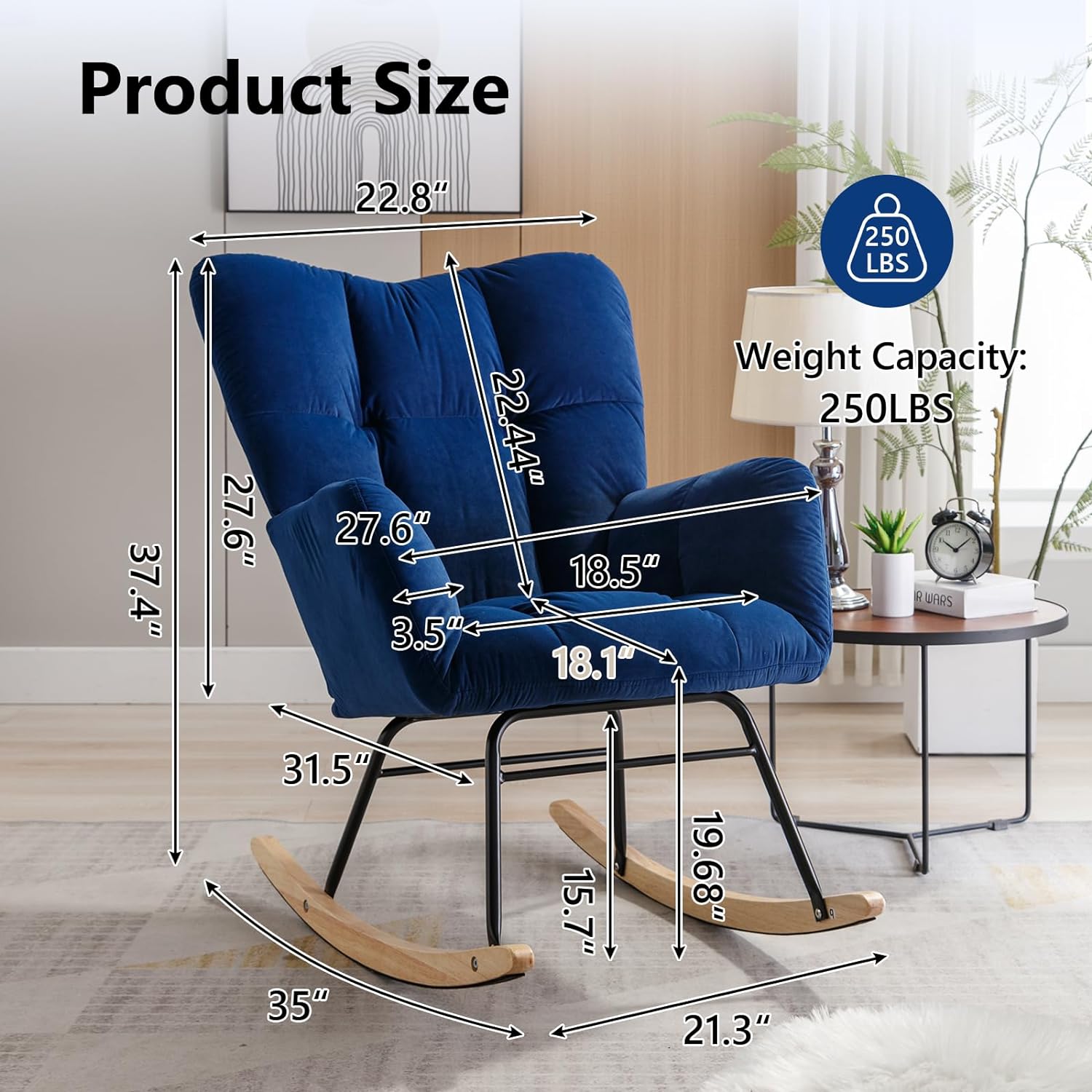 Nursery Rocking Chair Teddy Upholstered Glider Rocker Rocking Accent Chair Padded Seat with High Backrest Armchair Comfy Side Chair for Living Room Bedroom Offices (Blue Velvet)