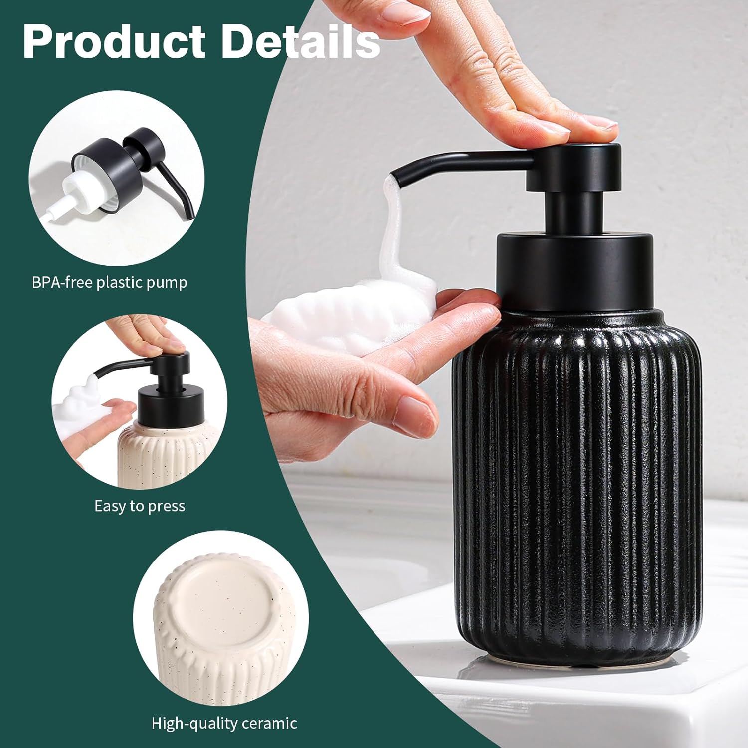 Foaming Dish Soap Dispenser Ceramic Hand Soap Dispenser for Kitchen Bathroom Shower, 12OZ Large Capacity Black Foam Soap Dispenser Sink Countertop Decor Vanity