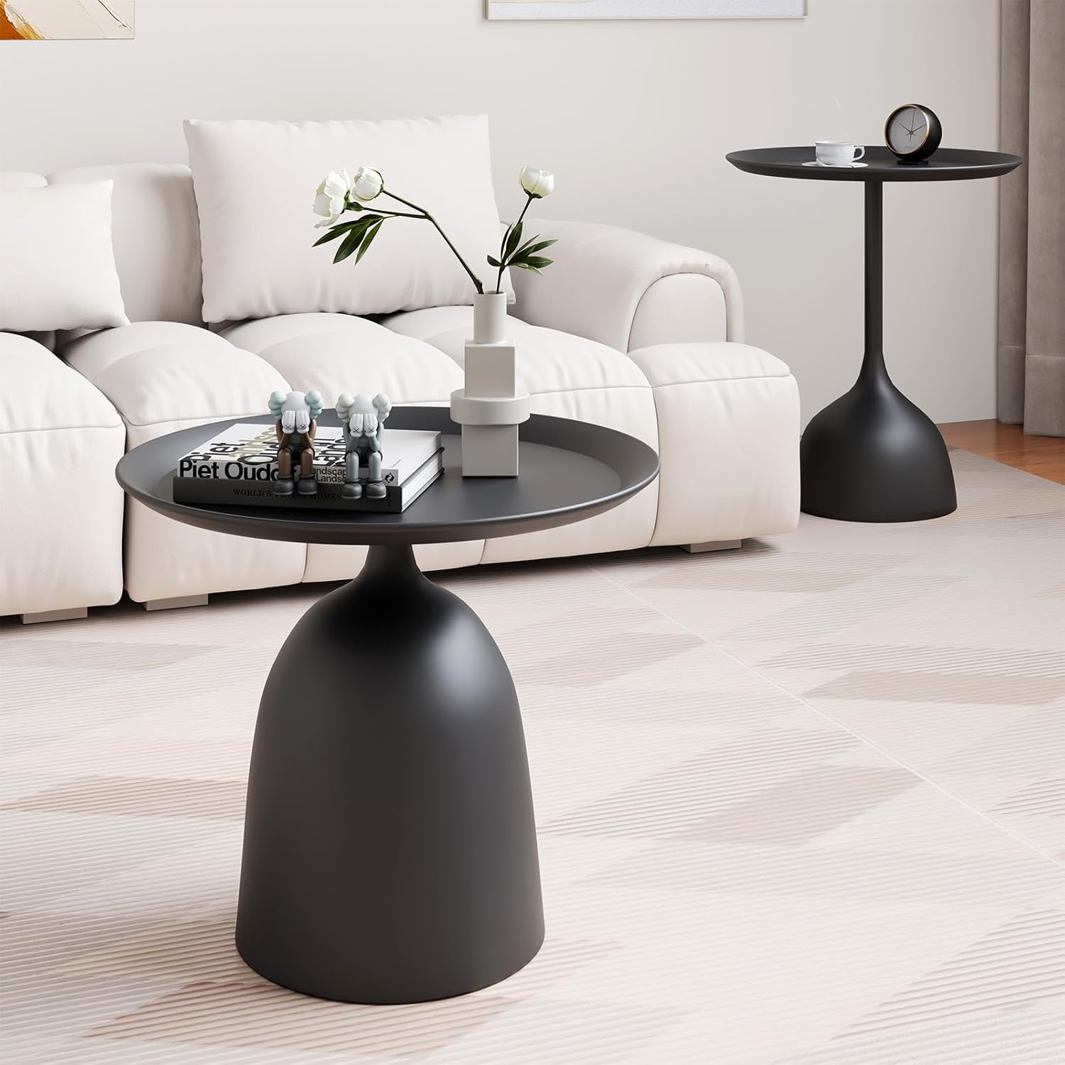 Round Coffee Table and End Table Sets for Living Room, Black Modern Side Table, Nesting Coffee Table Set of 2