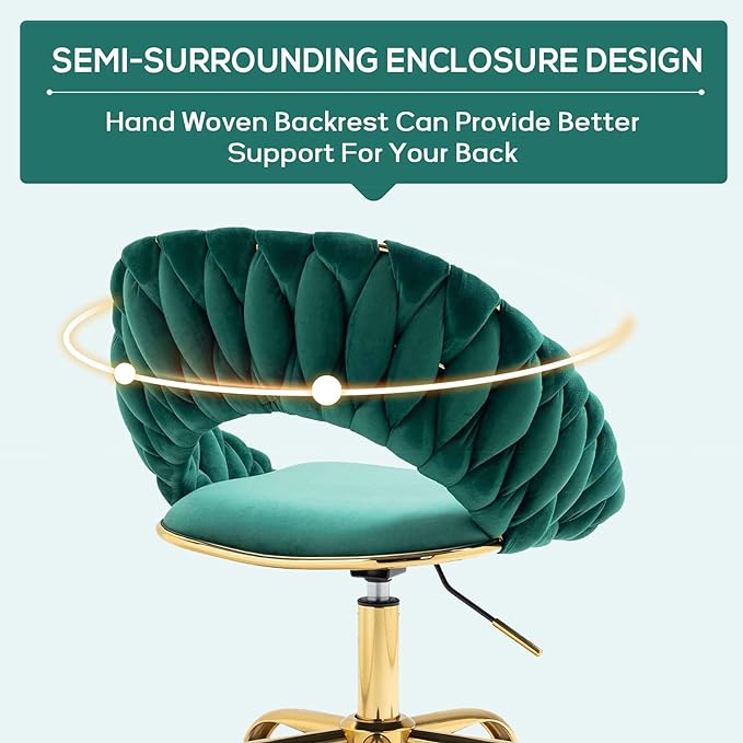 Swivel Velvet Home Office Chair, Upholstered Desk Chair, Modern Accent Armchair, Tufted Computer Task Stools with Gold Base for Girls, Women, Study, Living Room (Emerald)