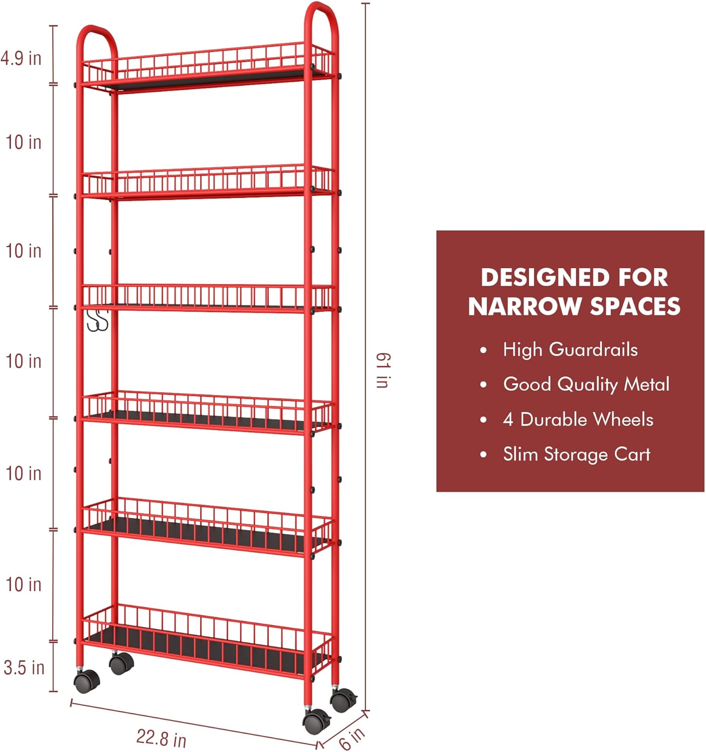 Slim Rolling Storage Cart 6 Tier, Metal Kitchen Storage Cart, Rolling Utility Cart with Lockable Wheels for Bathroom