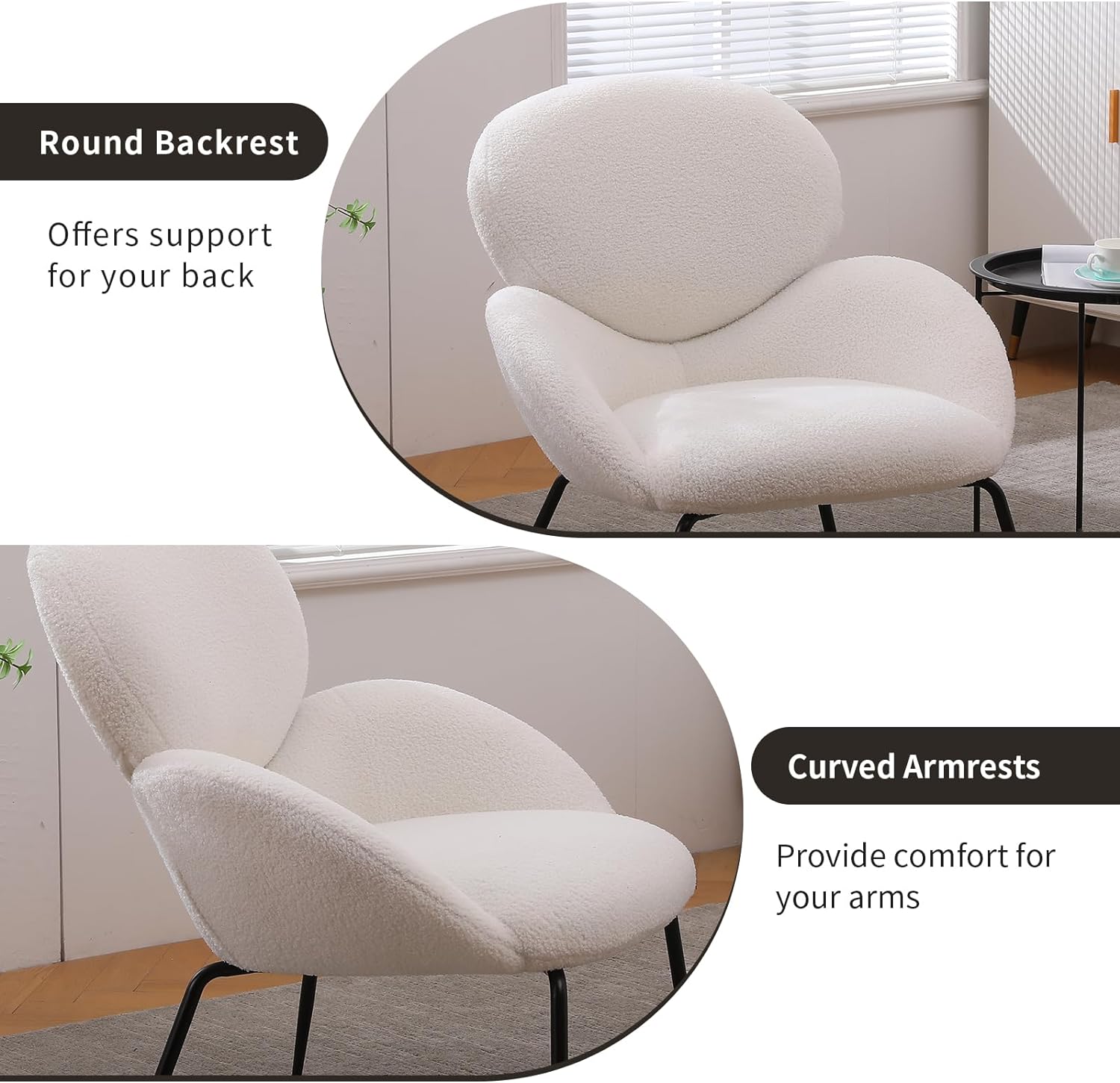 Modern Accent Chair, Teddy Upholstered Dining Chair with Black Metal Legs, Comfy Cute Vanity Chair, Leisure Single Armchair for Living Room, Dining Room, Bedroom (Ivory Teddy)