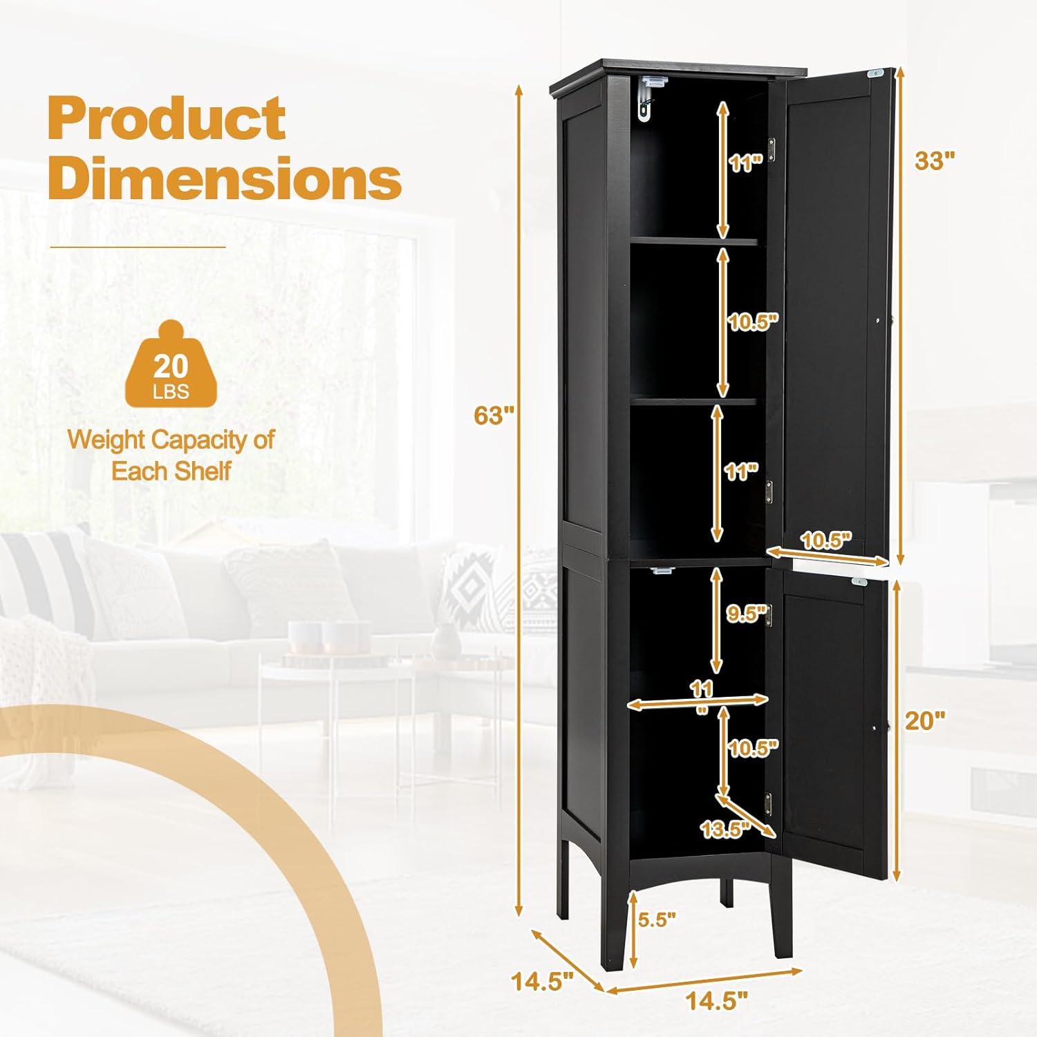 Tall Bathroom Storage Cabinet, 5-Tier Freestanding Linen Tower Cabinet with 2 Doors, Wooden Side Storage Organizer