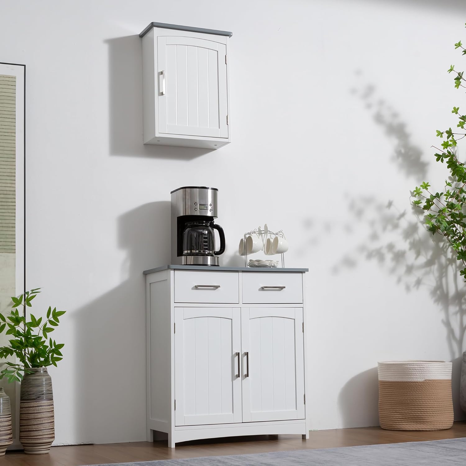 Buffet Cabinet with Storage, Coffee Bar Cabinet 26 x 30 Inches, Grey Top Sideboard Cabinet