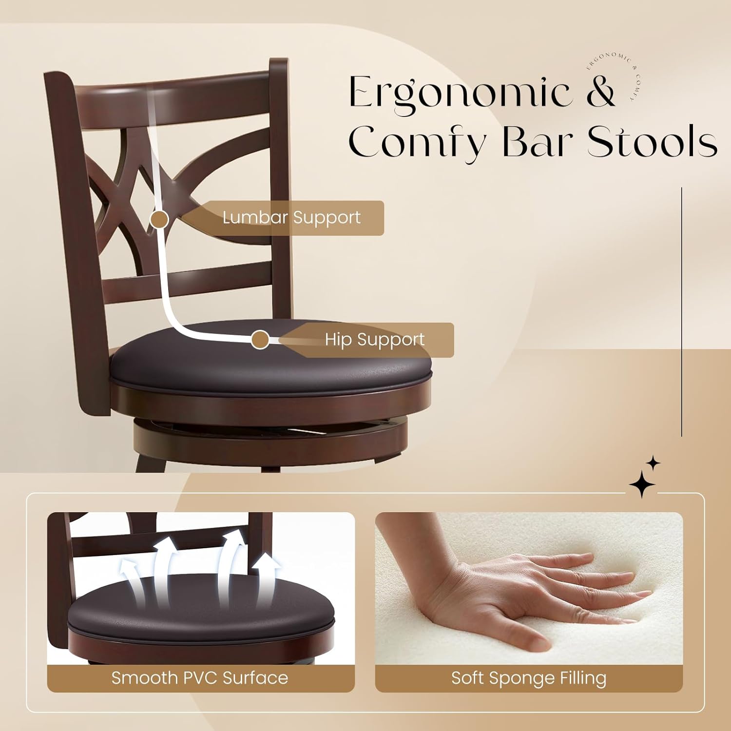 Swivel Bar Stools Set of 2, 30" Bar Height Wooden Stools with Padded Seat, Farmhouse Bar Dining Chairs with Rubber Wood Frame, Upholstered Armless Barstools for Kitchen Island Home Bar