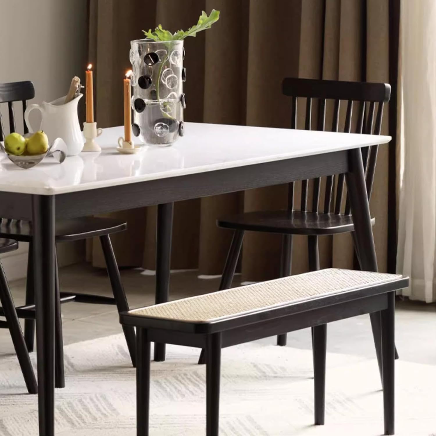 Wood Dining Bench,100% Natural Solid Oak Bed Bench with Rattan Design, Rounded Edge, Bench for Entryway Hall, Dining Room,Bedroom, Living Room (Black Color, 39.37 inch)