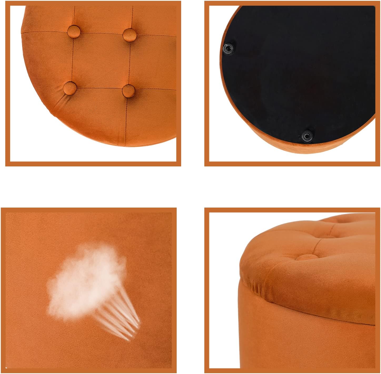14.6" Orange Round Storage Tufted Ottomans with Removable Lid
