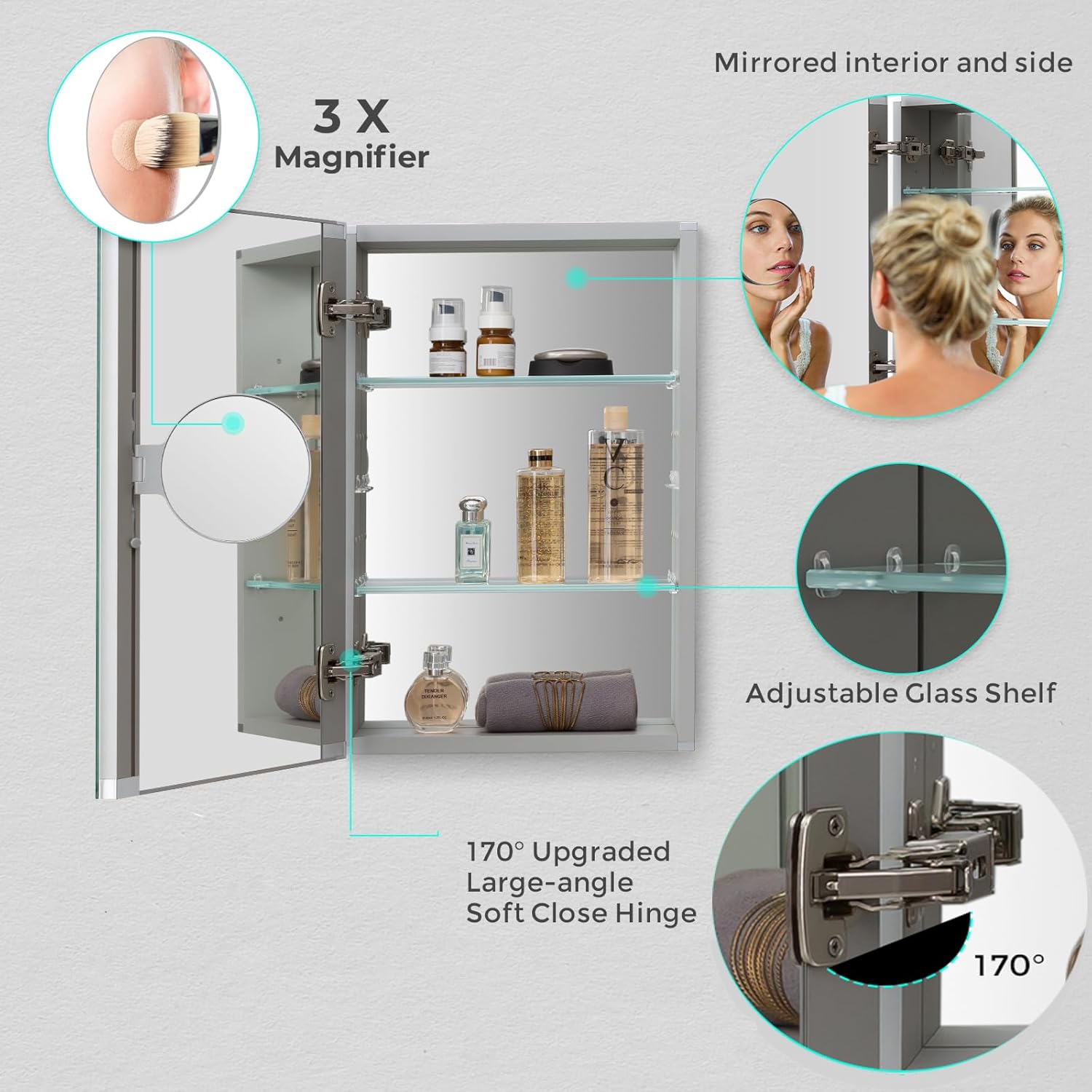Medicine Cabinet Mirror 16 x 20 Inch, Movable 3X Magnifying Mirror,Recessed Medicine Cabinet