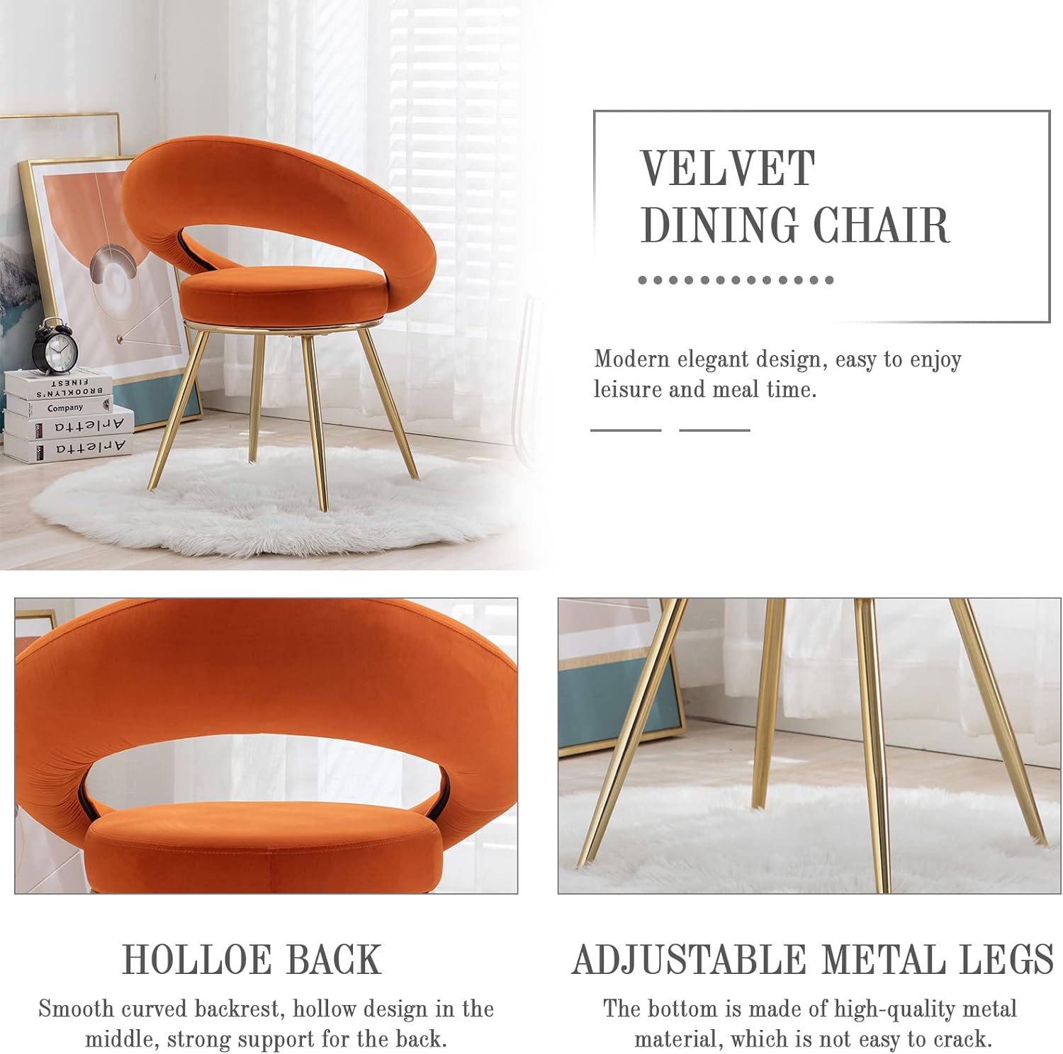 Modern Velvet Accent Chairs Set of 2, Upholstered Dining Chairs, Leisure Arm Chair, Lounge Chairs with Golden Metal Frame Legs for Living Room, Dining Room, Bedroom, Vanity (Orange)