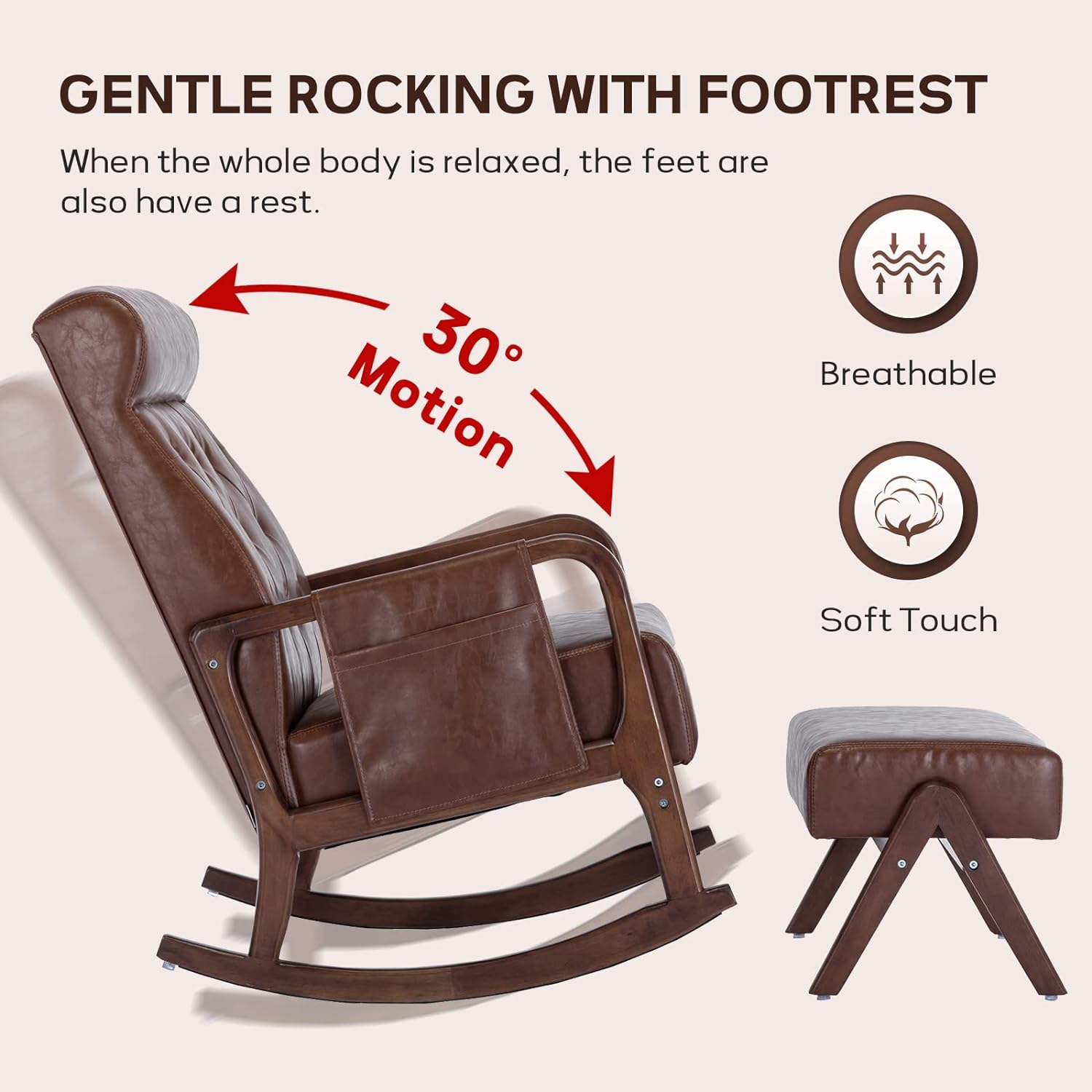 Nursery Rocking Chairs with Ottoman, Upholstered Glider Chair with Rubber Wood Legs and Side Pocket, Mid-Century Rocking Accent Chair for Living Room Bedroom (Brown PU)