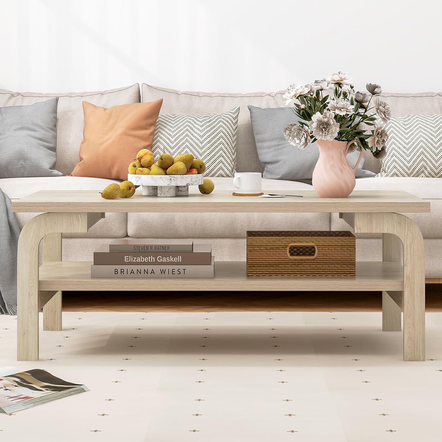 2-Tier Coffee Table with Storage, 47” Mid Century Rectangle Accent Table with Open Shelf, Large Tabletop & Curved Legs