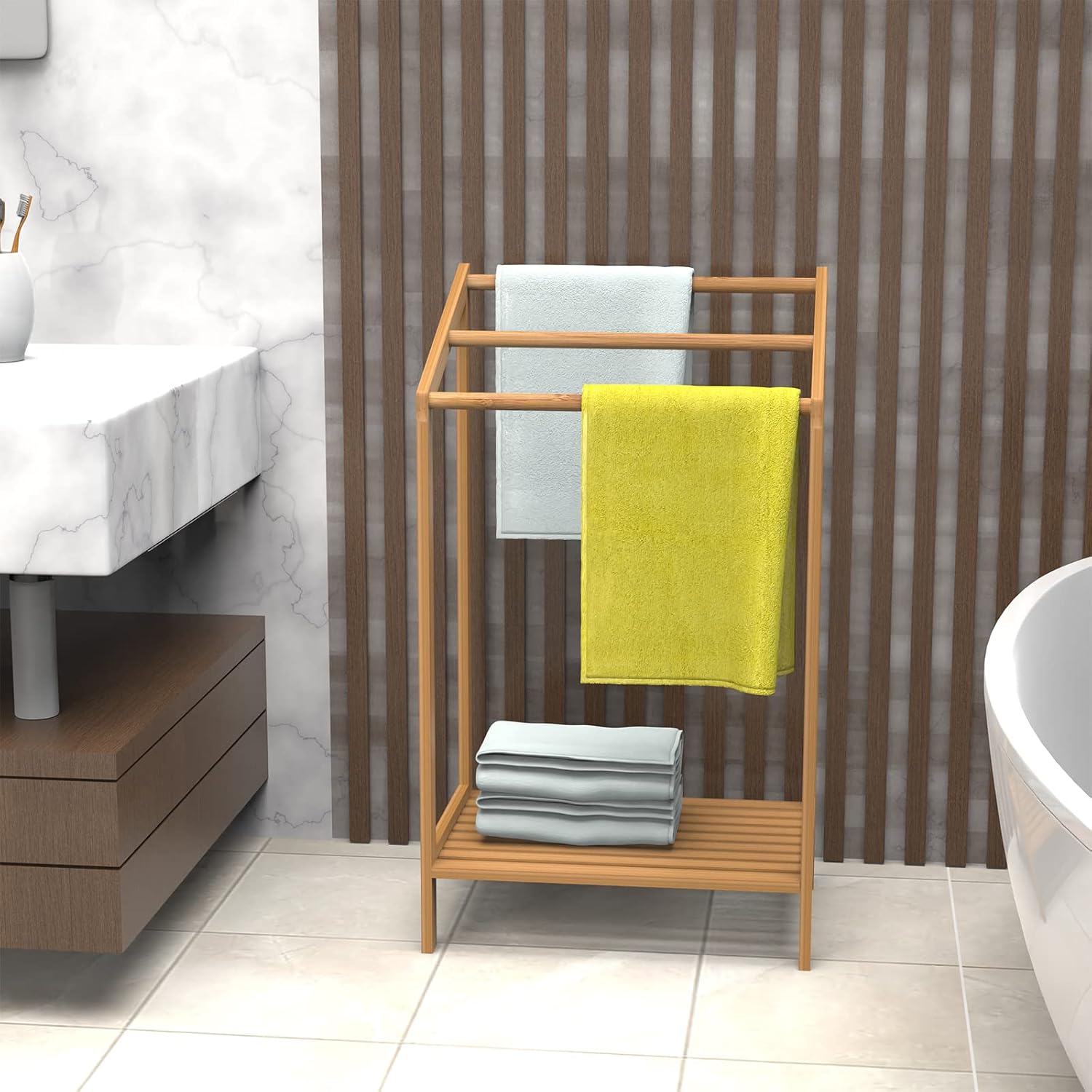 Bamboo Towel Rack for Bathroom, 3 Tier Freestanding Towel Holders with Bottom Storage Shelf for Hand Towel