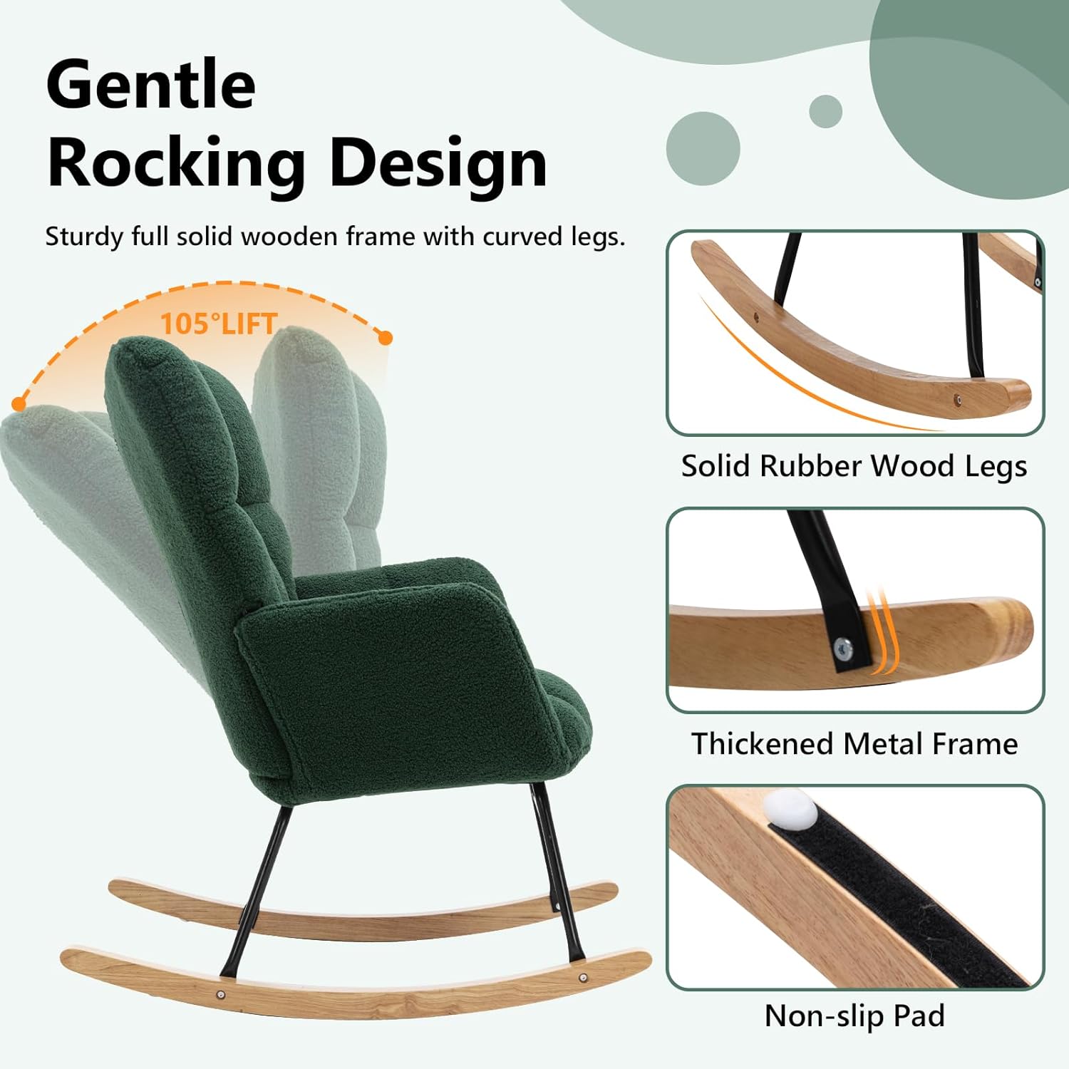 Nursery Rocking Chair Teddy Upholstered Glider Rocker Rocking Accent Chair Padded Seat with High Backrest Armchair Comfy Side Chair for Living Room Bedroom Offices (Green)