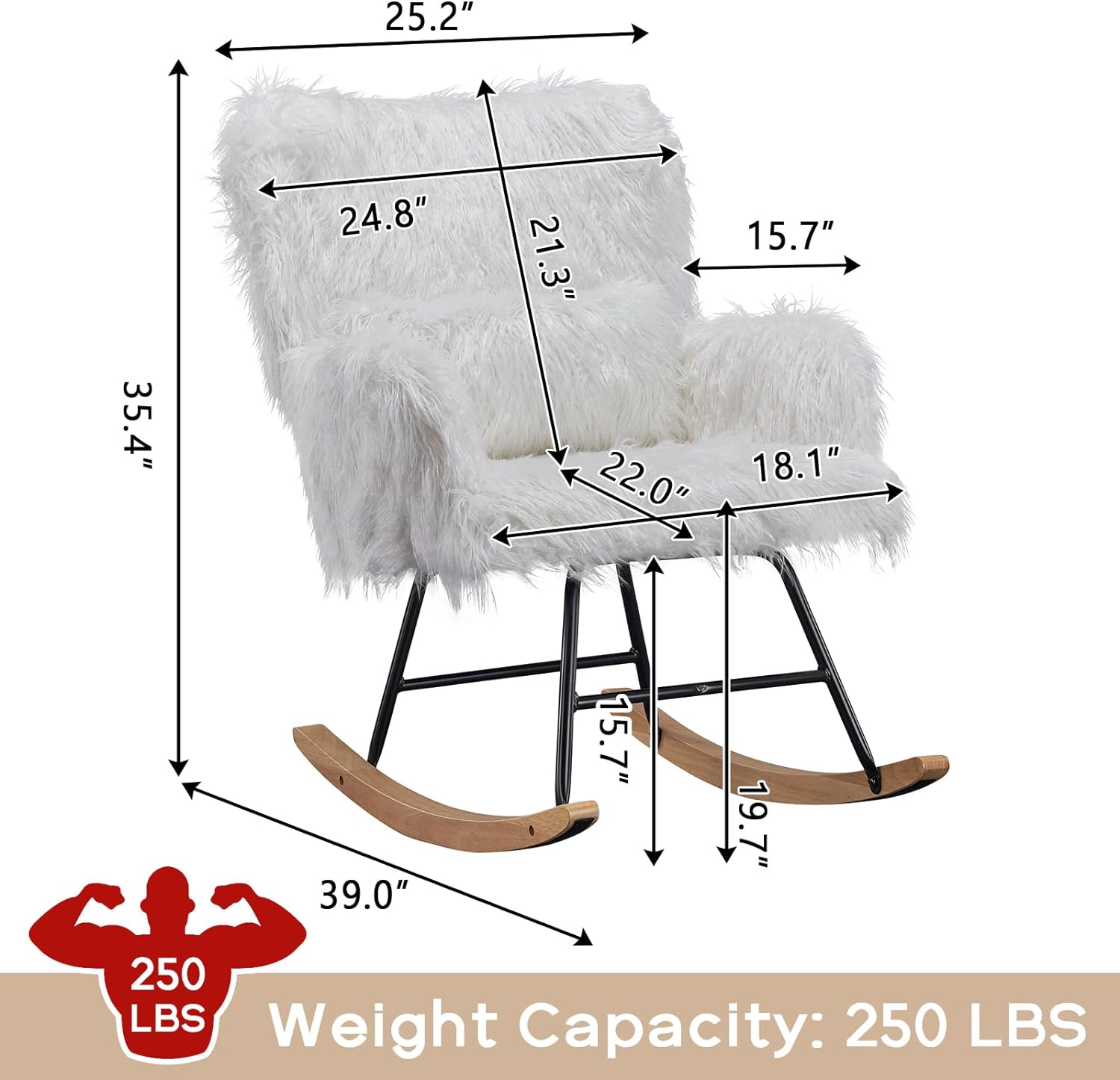 Nursery Rocking Chair, Faux Fur Upholstered Glider Rocker with Lumbar Pillow, High Backrest Rocking Accent Chair, Comfy Armchair for Living Room, Bedroom, Office (White)