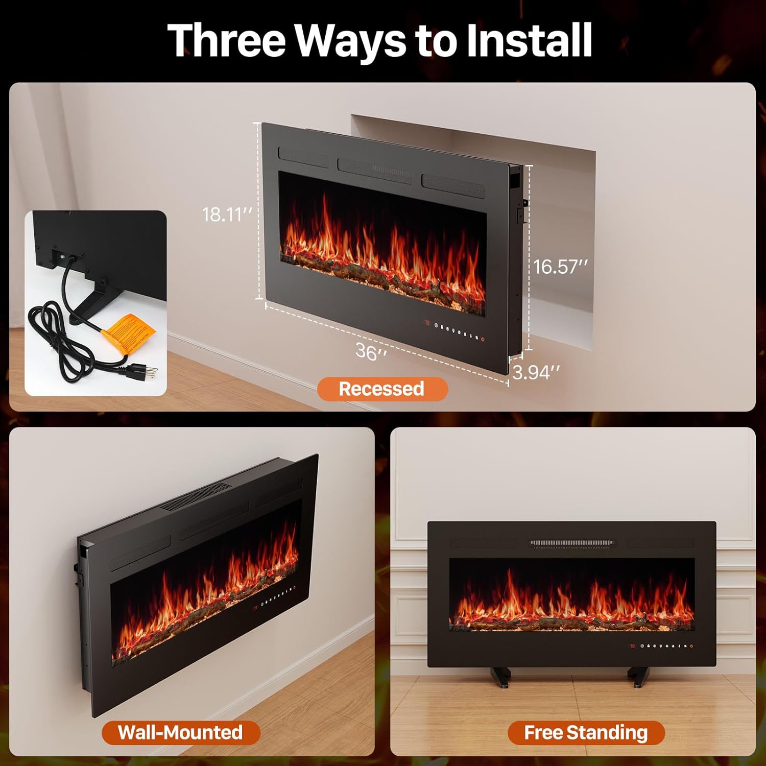 Electric Fireplace, 1500W/750W Wall Mount or Recessed Fireplace Insert and Freestanding, Electric Fireplace Heater with Remote Control,13 Adjustable Flame Color, 12H Timer, Touch Screen