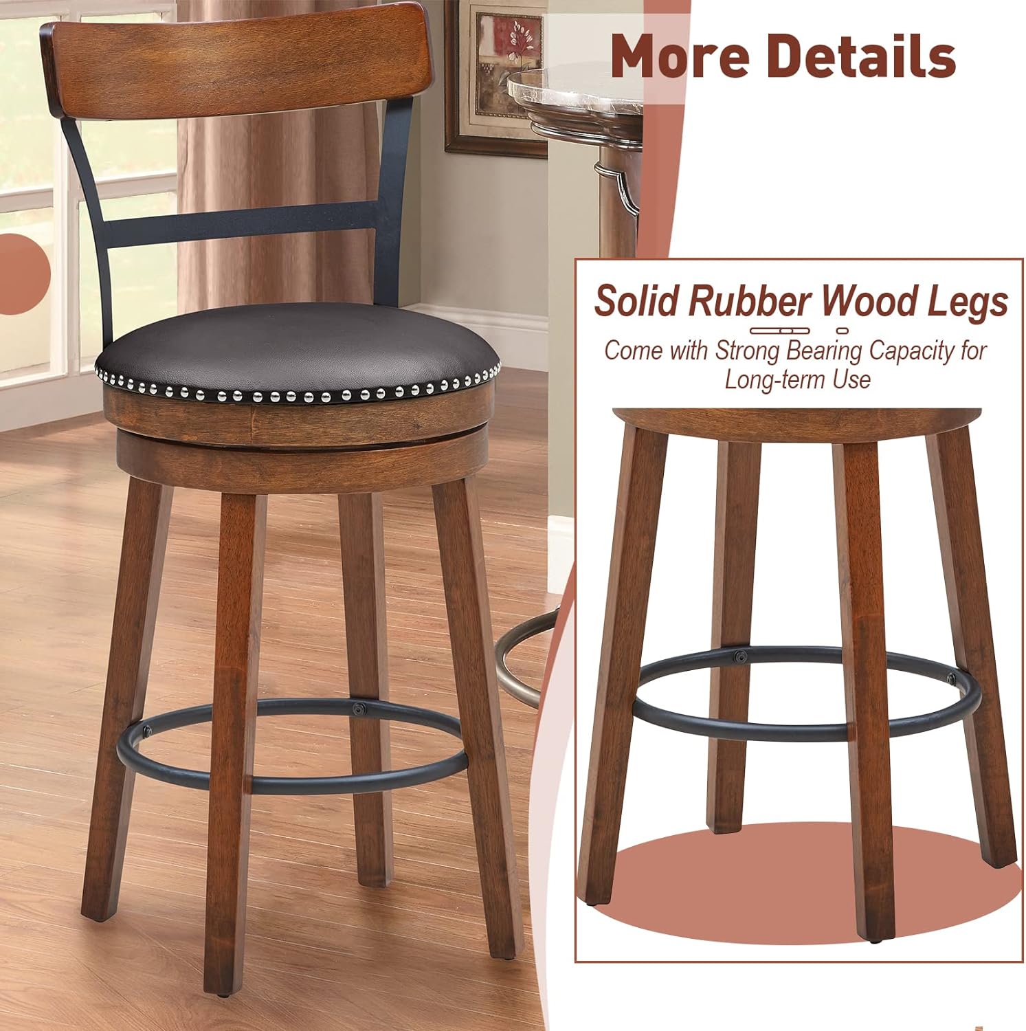 Bar Stools Set of 2-25.5" Counter Height Swivel Rubber Wood Barstools with Soft Padded Seat Cushions, Footrests, Easy Assembly Armless Farmhouse Kitchen Island Bar Chairs with Back, Brown