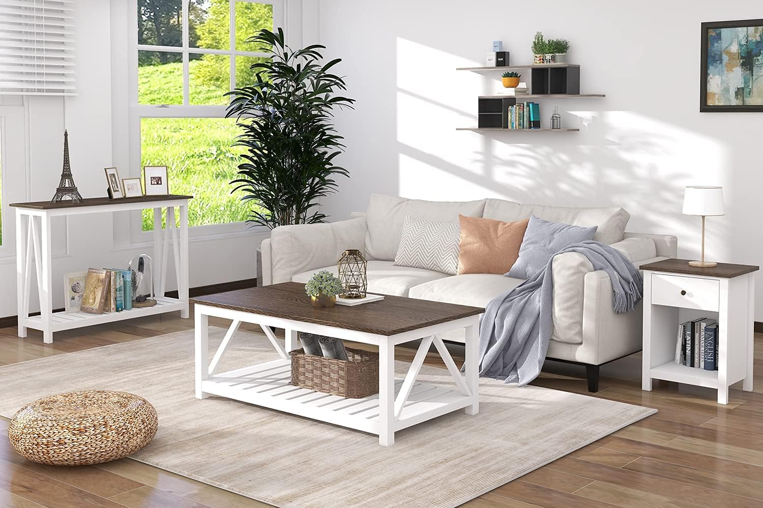Farmhouse Coffee Table, Rustic Vintage Living Room Table with Shelf, 40 White