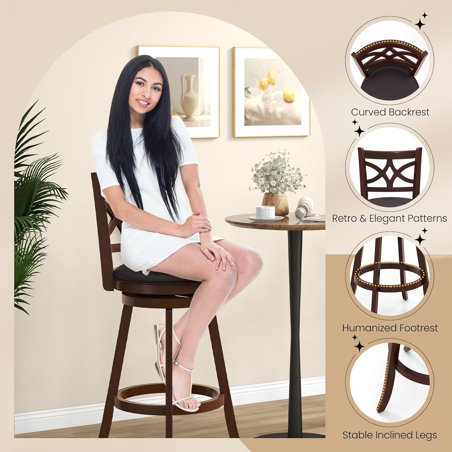 Swivel Bar Stools Set of 2, 30" Bar Height Wooden Stools with Padded Seat, Farmhouse Bar Dining Chairs with Rubber Wood Frame, Upholstered Armless Barstools for Kitchen Island Home Bar