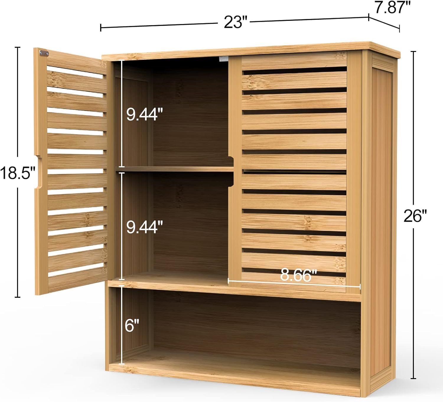 Bathroom Wall Cabinet, Bamboo Medicine Cabinet Wall Mounted, Over The Toilet Hanging Cabinet with 2 Doors & 3 Tier Shelves