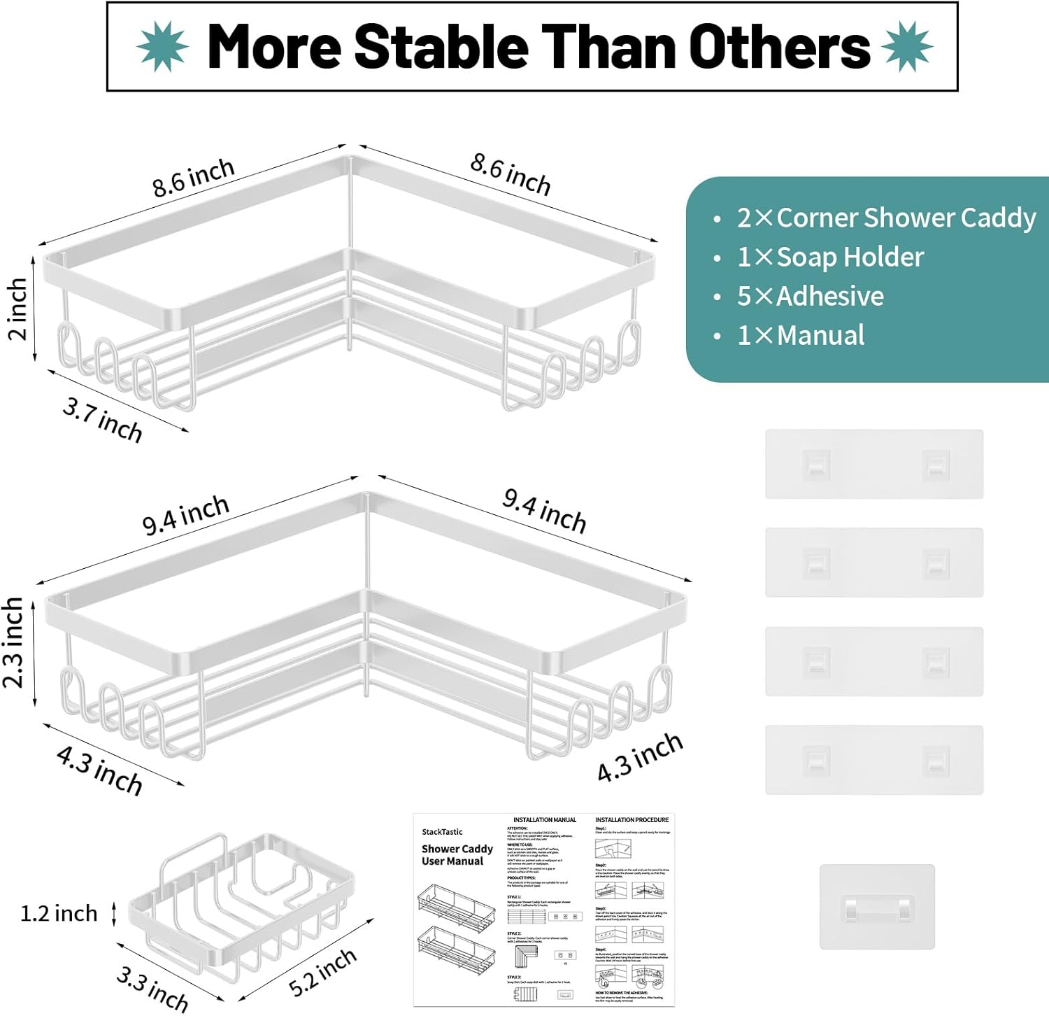 Corner Shower Caddy, 3 Pack Adhesive Bathroom Accessories with Soap Holder, Storage Stainless Shower Organizer