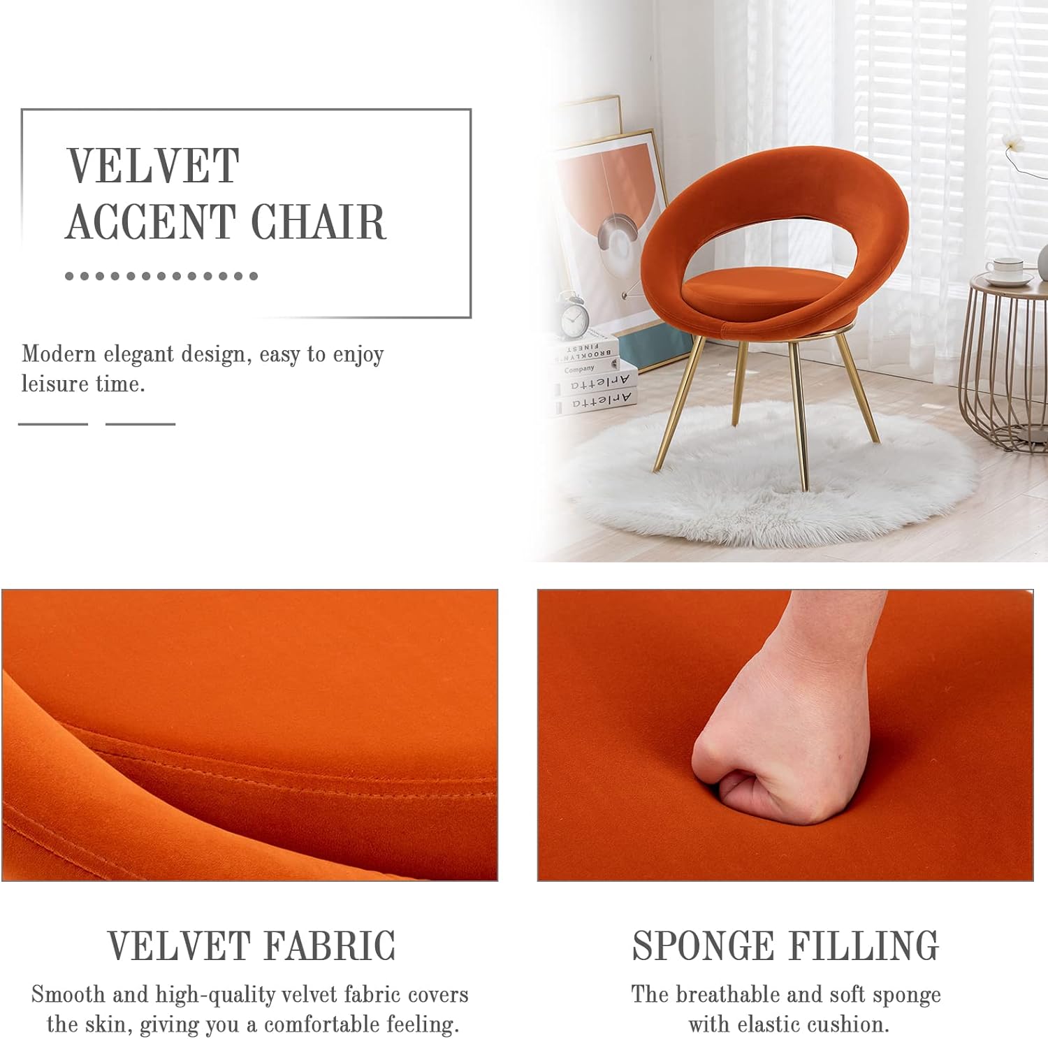 Modern Velvet Accent Chairs Set of 2, Upholstered Dining Chairs, Leisure Arm Chair, Lounge Chairs with Golden Metal Frame Legs for Living Room, Dining Room, Bedroom, Vanity (Orange)