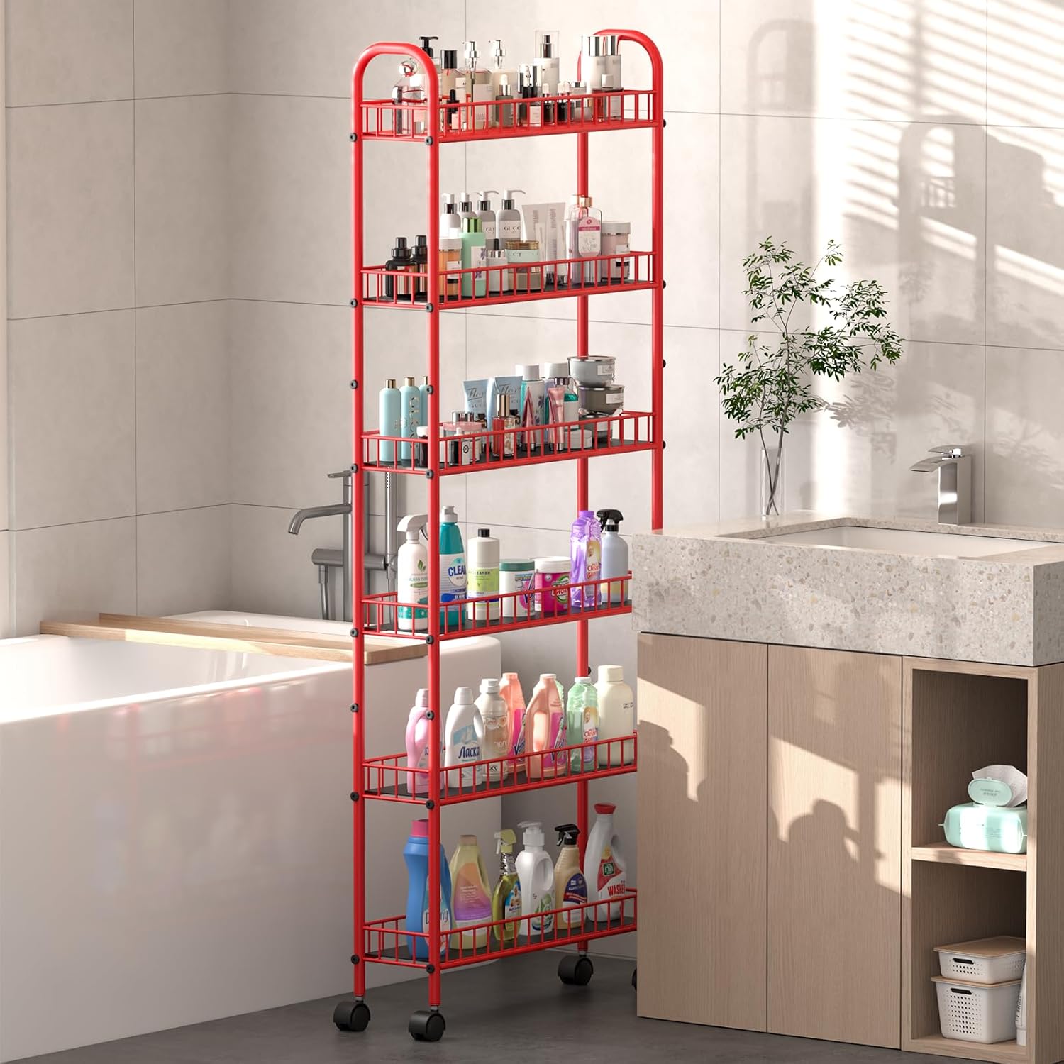 Slim Rolling Storage Cart 6 Tier, Metal Kitchen Storage Cart, Rolling Utility Cart with Lockable Wheels for Bathroom