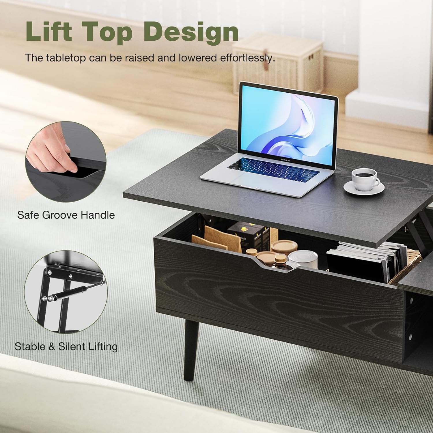 Wood Lift Top Coffee Table with Hidden Compartment and Large Storage Shelf
