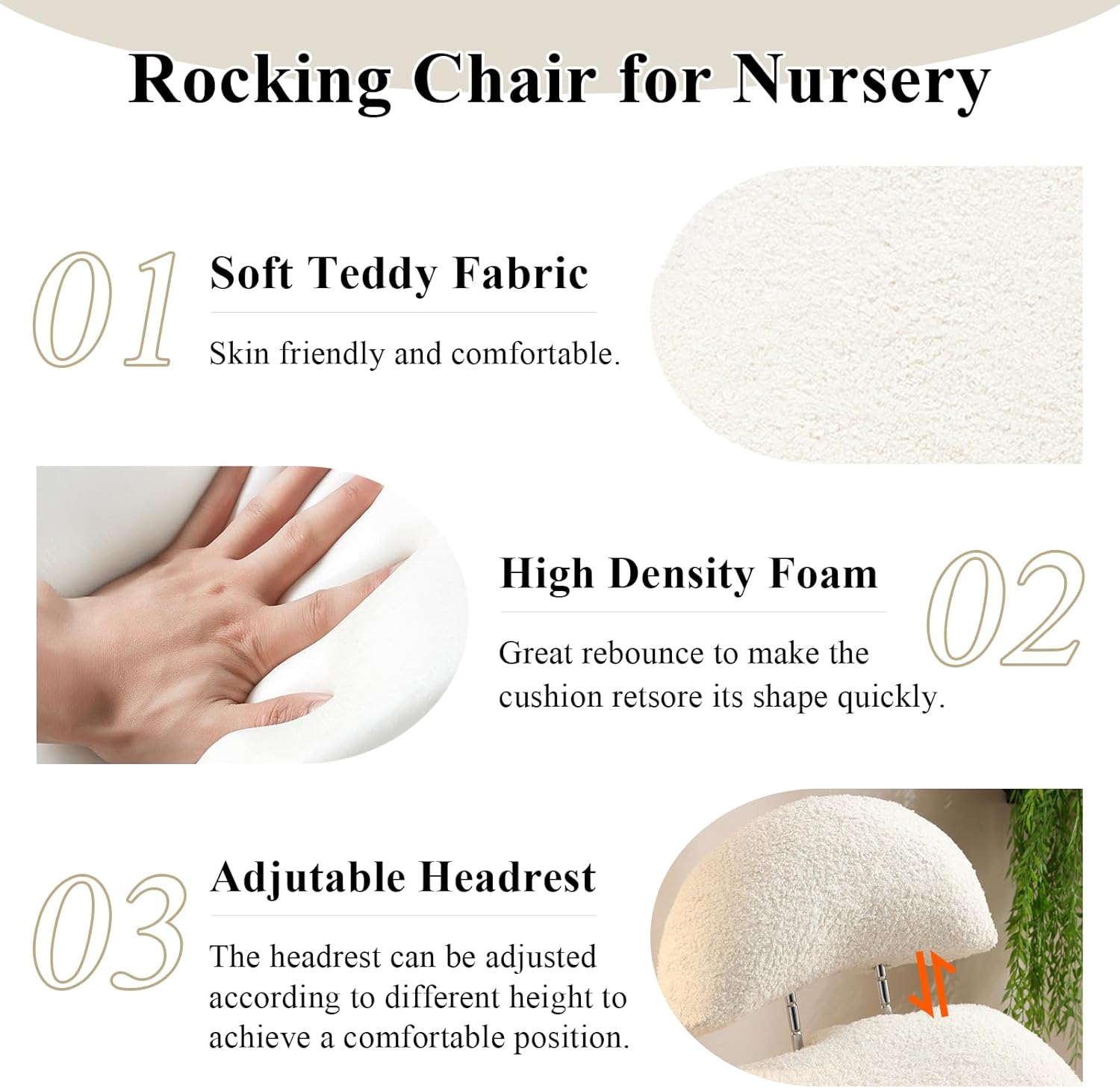 Nursery Rocking Chair, Modern Sherpa Upholstered Fabric Glider Rocker, Rocking Chair for Nursery, Comfy Armchair with High Backrest, Leisure Sofa Chair for Living Room Bedroom (Grey)
