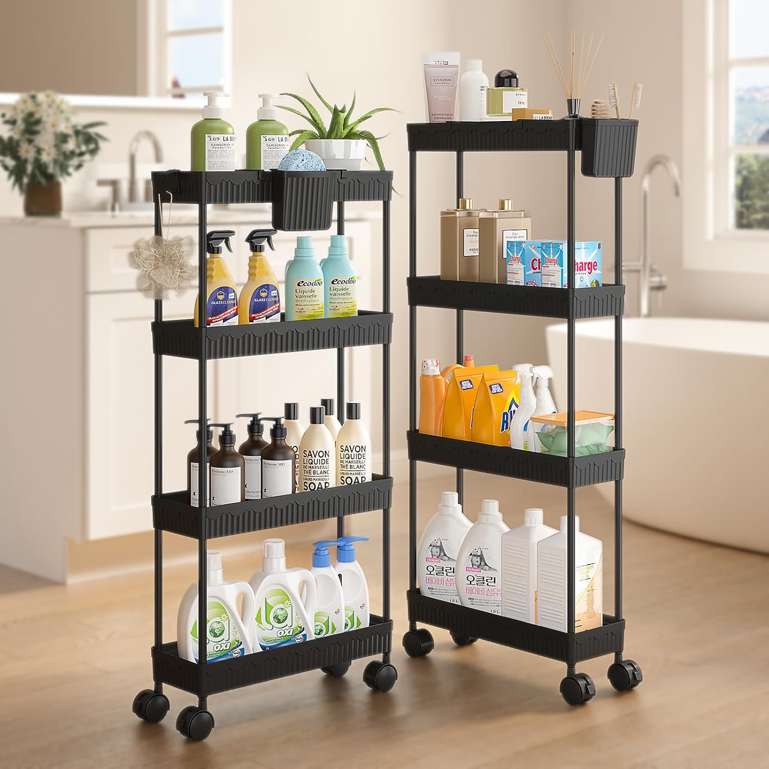 2 Pack Slim Storage Rolling Cart with Wheels, 4 Tier Rolling Cart Bathroom Organizers and Storage, Utility Cart for Laundry Room Organization