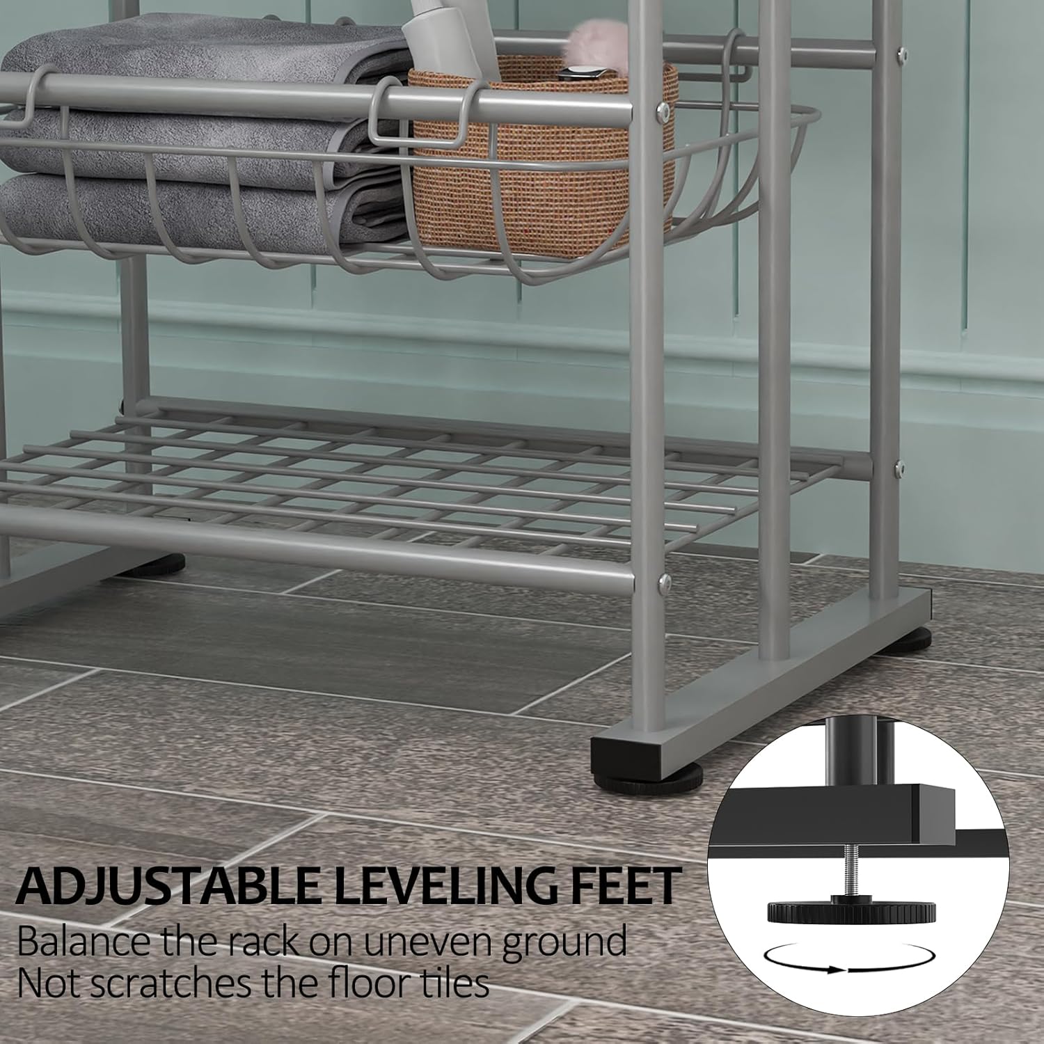 3 Tier Freestanding Towel Rack for Bathroom, 40" Tall Floor Standing Towel Racks with Storage Basket and Shelf