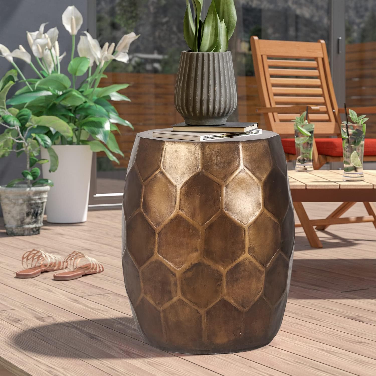 Modern 18" H Round Side Table, Indoor Outdoor Geometric Honeycomb Concrete End Table