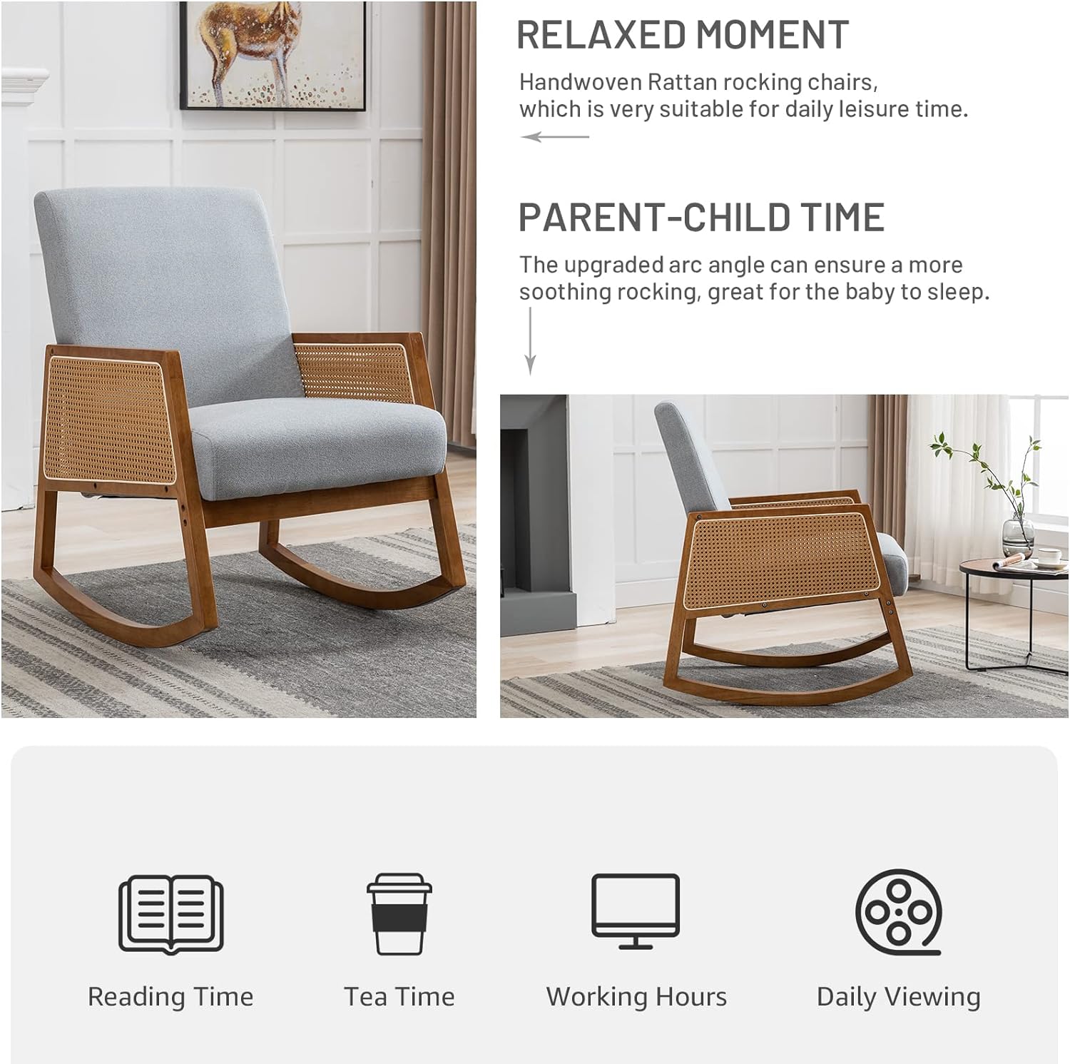 Nursery Rocking Chair with Wood Frames, Mid Century Upholstered Farmhouse Living Room Armchair, Comfy Glider Rocker for Nursery Living Room Bedroom Reading Indoor (Light Grey)
