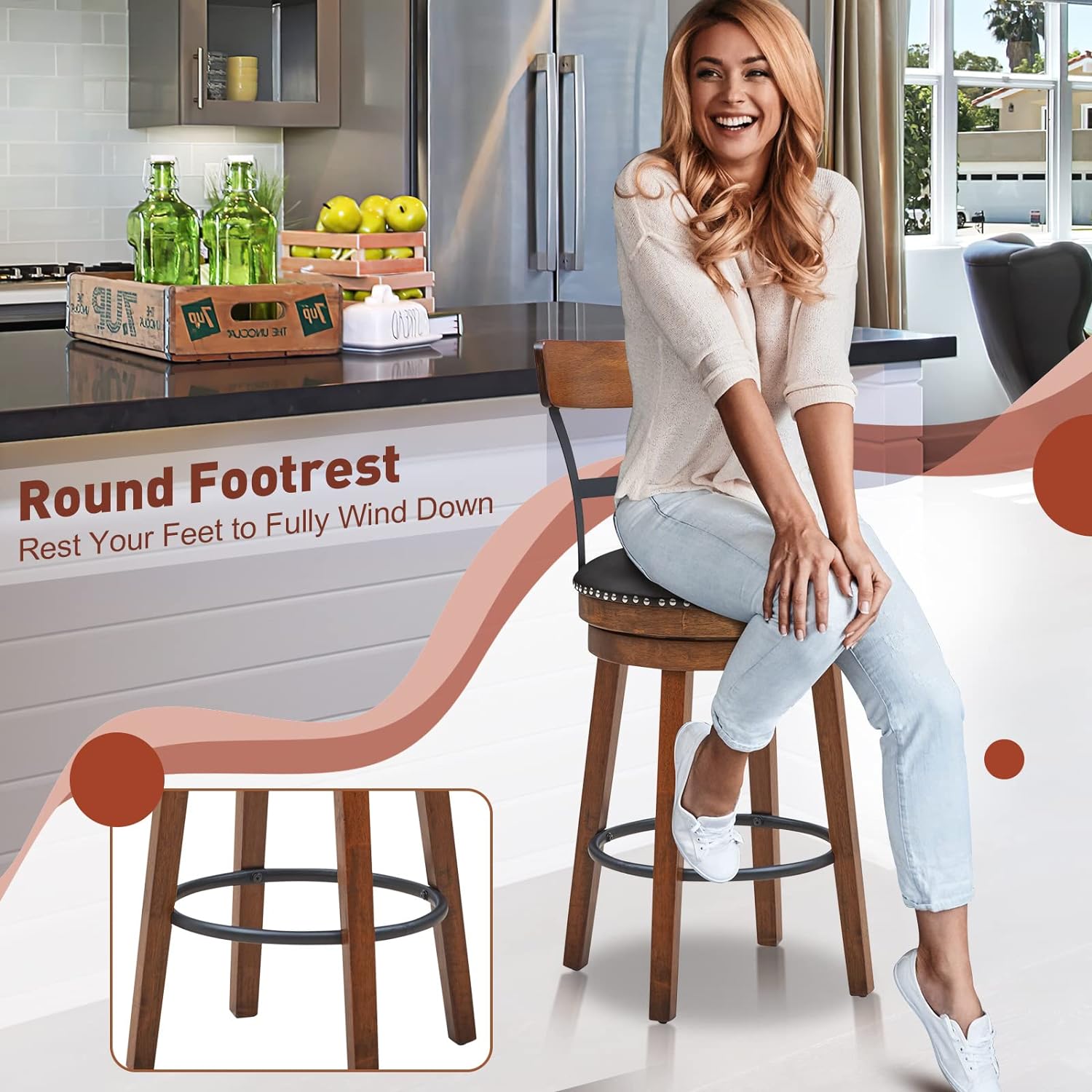Bar Stools Set of 2-25.5" Counter Height Swivel Rubber Wood Barstools with Soft Padded Seat Cushions, Footrests, Easy Assembly Armless Farmhouse Kitchen Island Bar Chairs with Back, Brown