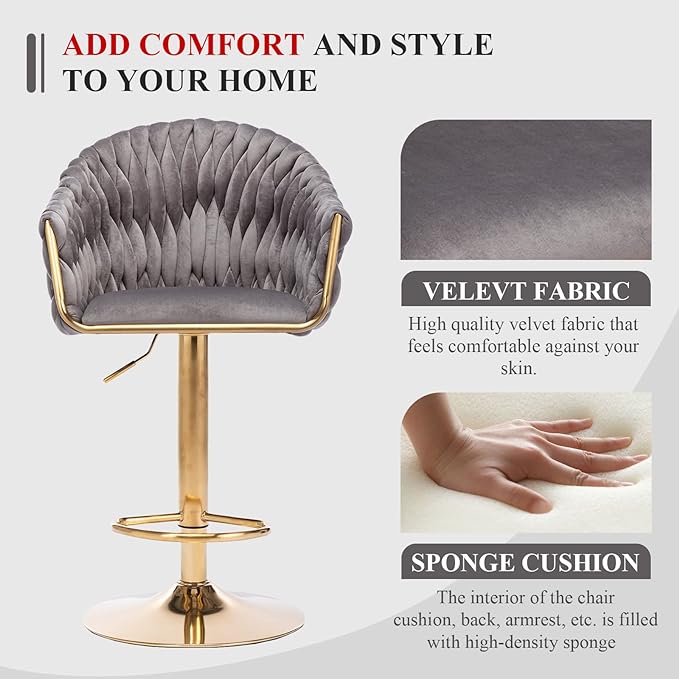 Velvet 360° Swivel Bar Stools with Hand Woven Backrest Design Upholstered Adjustable Counter Bar Stool with Golden Bracket Back and Footrest Bar Chair for Kitchen, Pub (1, Grey)