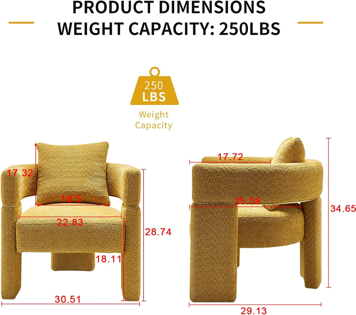 Boucle Fabric Accent Chair, Modern Upholstered Armchair with Open Back, Single Sofa Chair with Lumbar Pillow, Cozy Reading Chair for Living Room (Yellow)