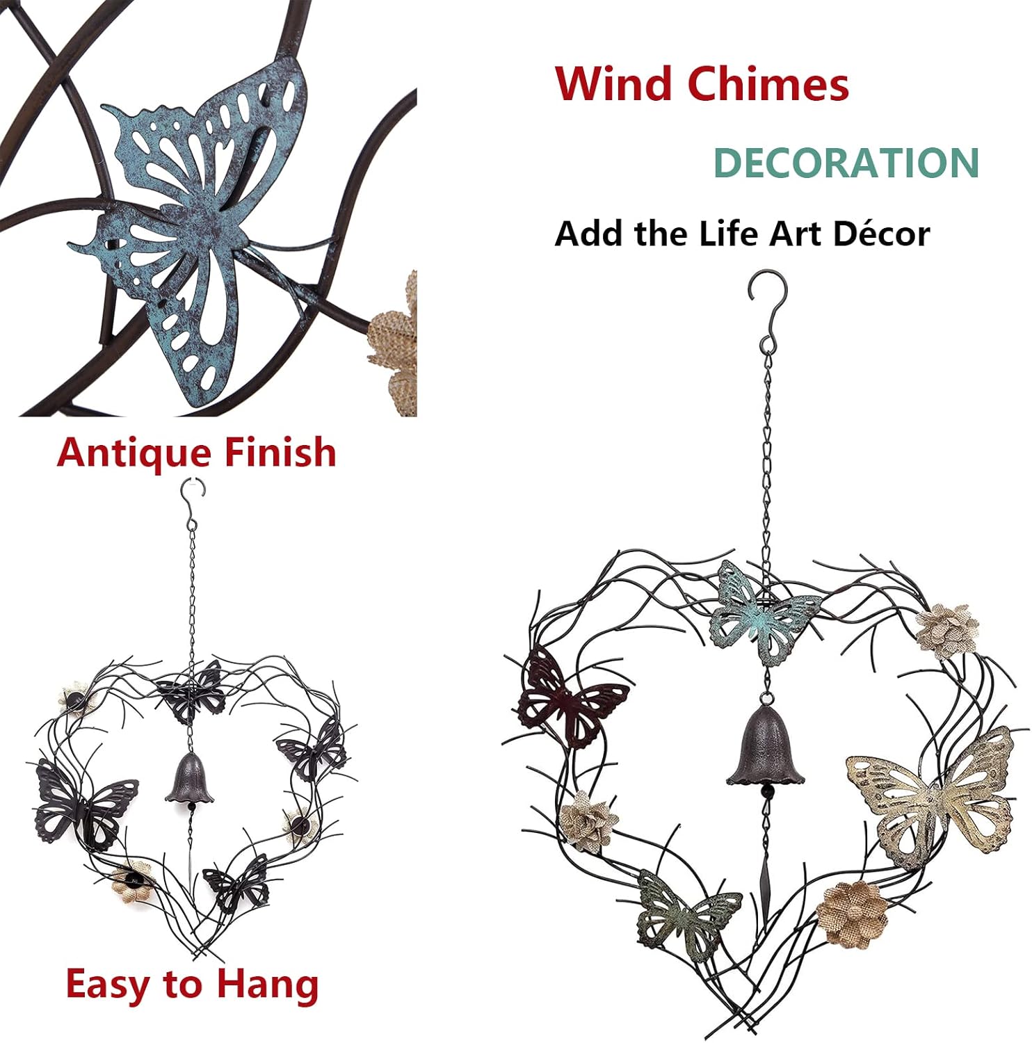 Flower and Butterfly Wind Chimes Metal Wall Hanging Decor for Nature Home Art