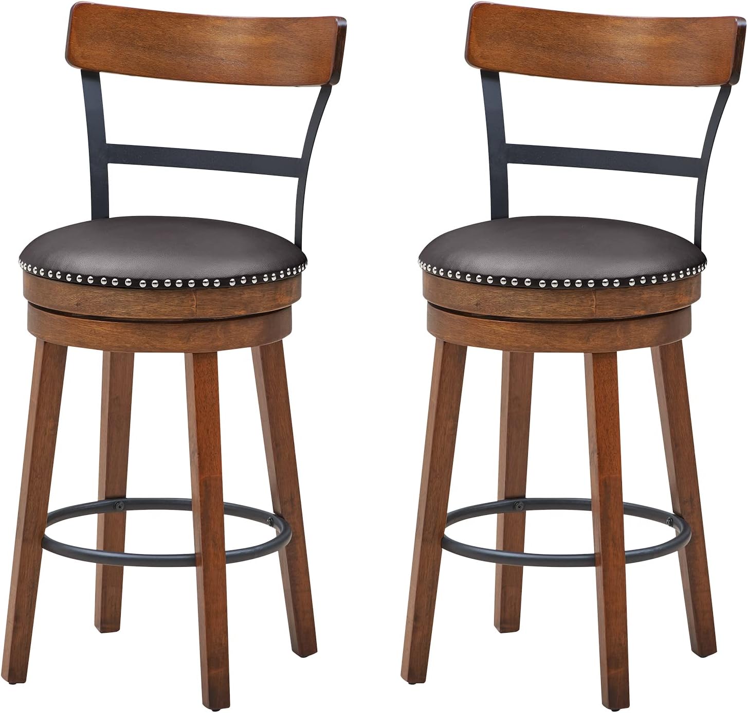 Bar Stools Set of 2-25.5" Counter Height Swivel Rubber Wood Barstools with Soft Padded Seat Cushions, Footrests, Easy Assembly Armless Farmhouse Kitchen Island Bar Chairs with Back, Brown