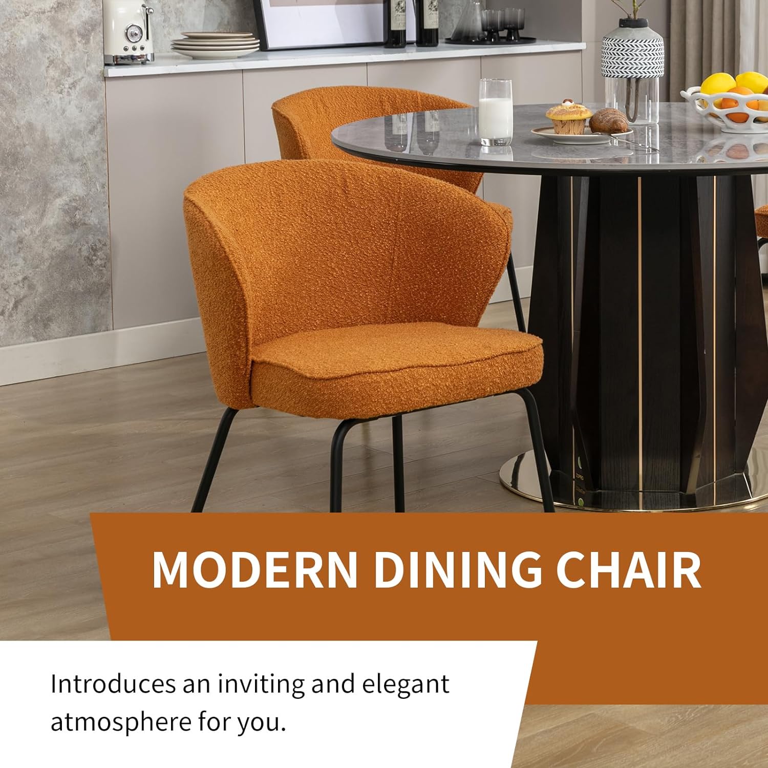 Modern Dining Chair, Boucle Upholstered Side Chair with Curved Backrest, Accent Chair with Metal Legs, Comfy Leisure Chair, Vanity Chair for Dining Room (Caramel, 1 Chair)