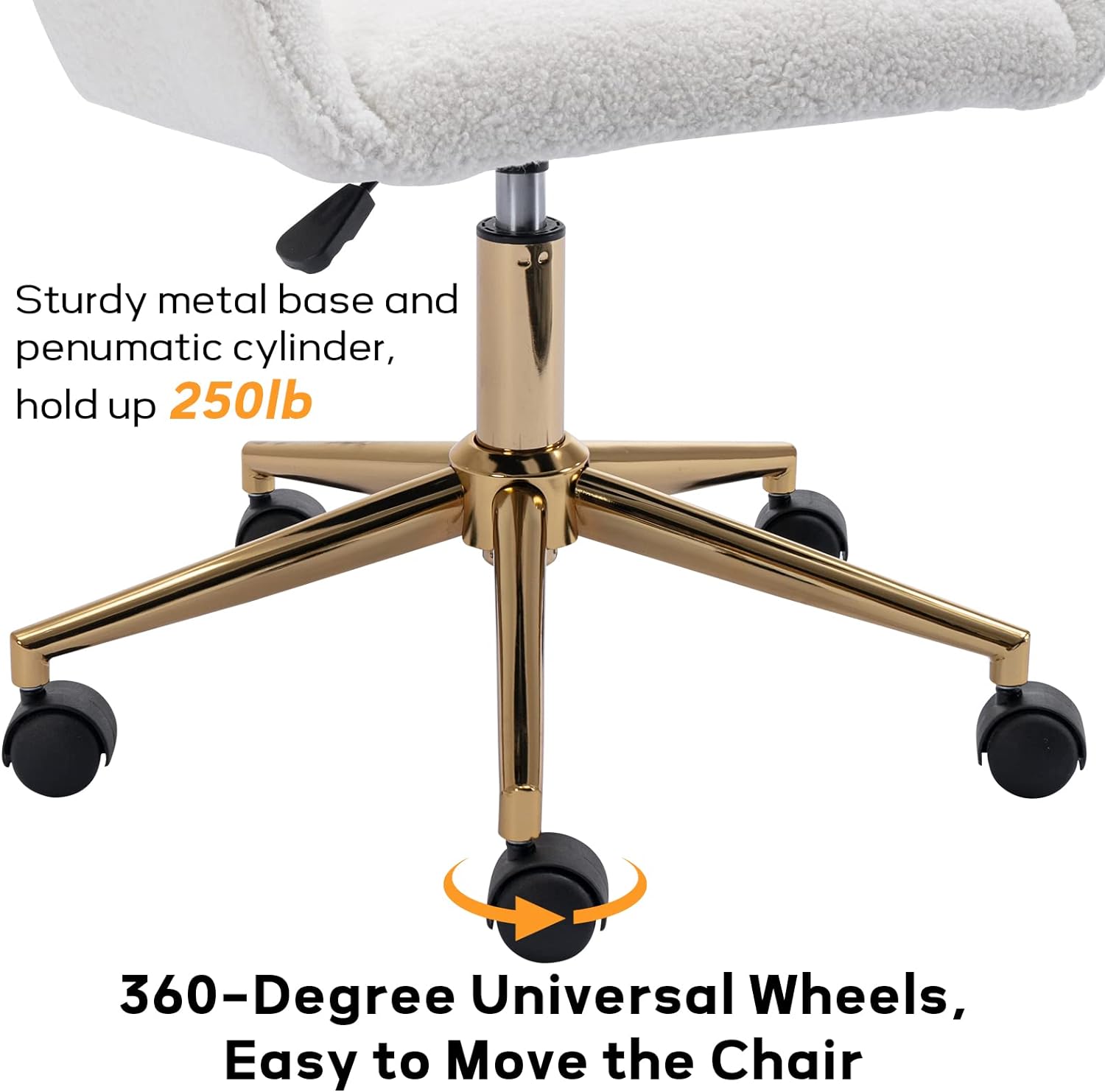 Home Office Desk Chair, 360° Swivel & Height Adjustable Task Chairs, Makeup Chair, Computer Chair with Stainless Base and 5 Wheels for Living Room, Bedroom, Home Office (White Teddy)