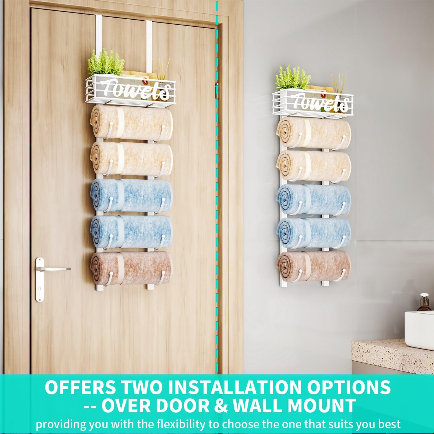 Over Door Towel Racks - 6 Tier Over The Door Towel Racks for Bathroom, Wall Mounted Towel Holder with Metal Shelf
