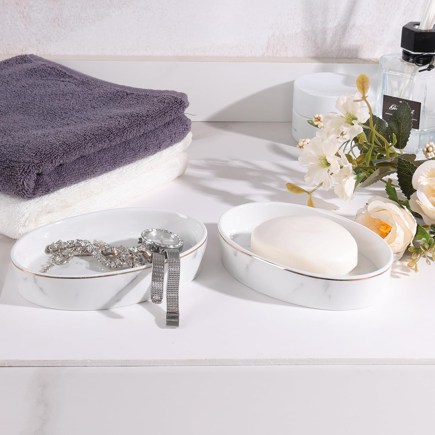 Ceramic White Marble Soap Holder Soap Bar Holder, Oval Soap Dish for Shower Bathroom Kitchen Sink, Easy Clean