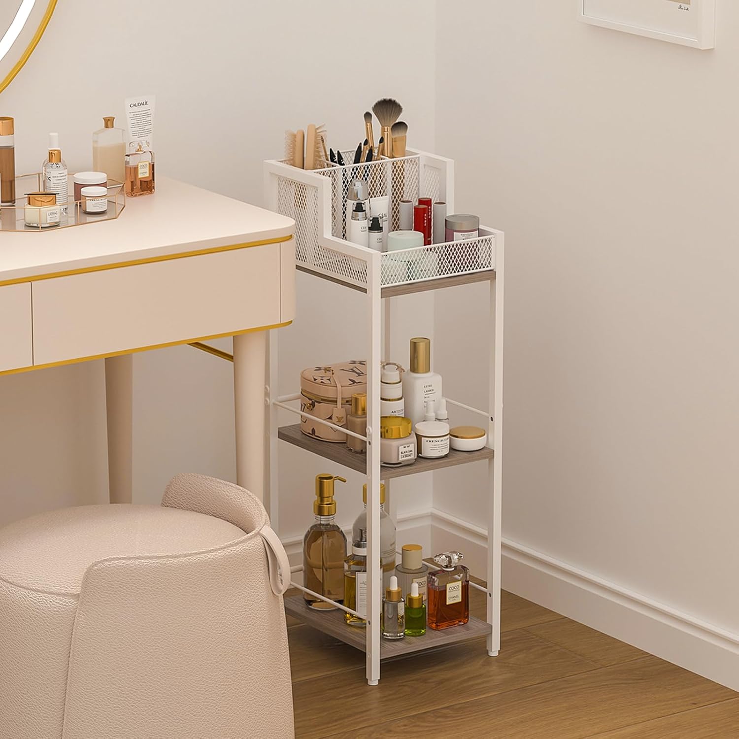 Hair Tool Organizer Bathroom Storage Shelf 3-Tier Hair Dryer Holder with 3 Grids - Makeup Organizer Slim Floor Stand