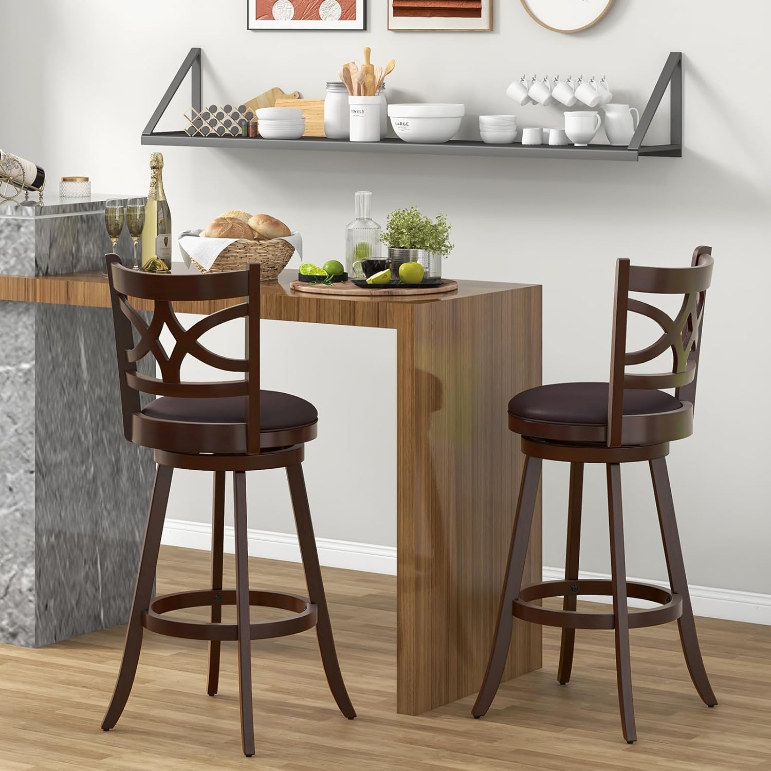 Swivel Bar Stools Set of 2, 30" Bar Height Wooden Stools with Padded Seat, Farmhouse Bar Dining Chairs with Rubber Wood Frame, Upholstered Armless Barstools for Kitchen Island Home Bar