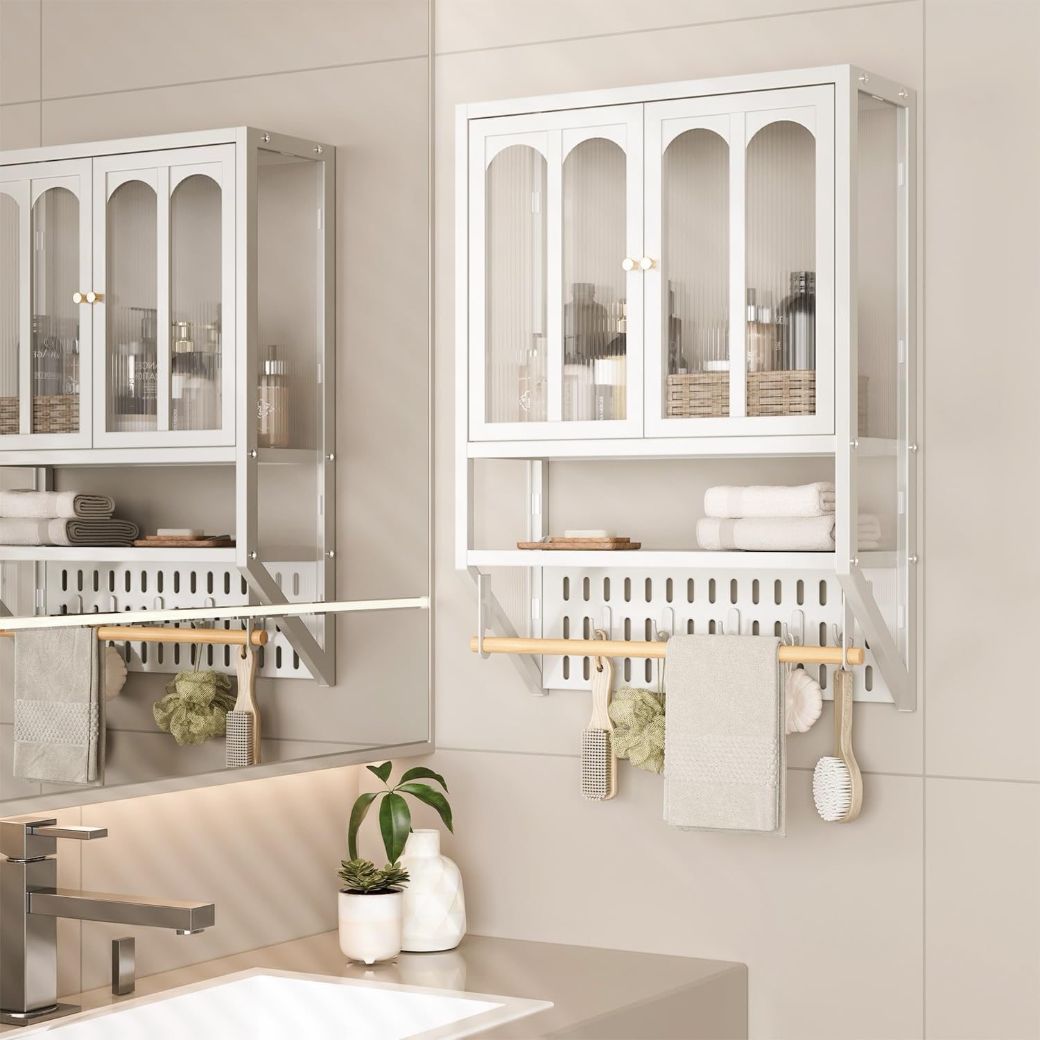 Metal Bathroom Wall Cabinet with Towel Bar & Hooks, Medicine Cabinet for Bathroom, Modern Industrial Wall Cabinet